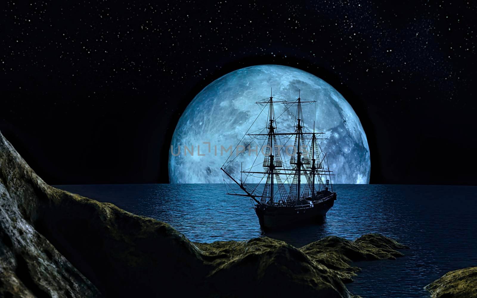 Sailboat at the full blue moon by ankarb