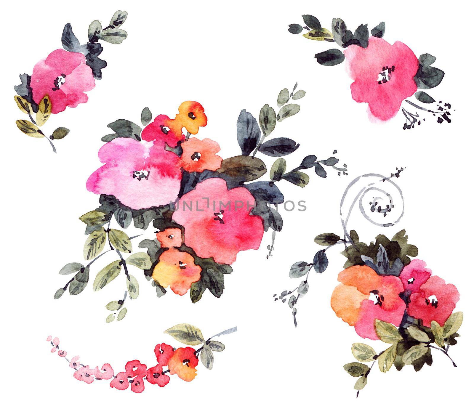 Beautiful flowers painted by watercolor. Set of flowers and little bouquets.