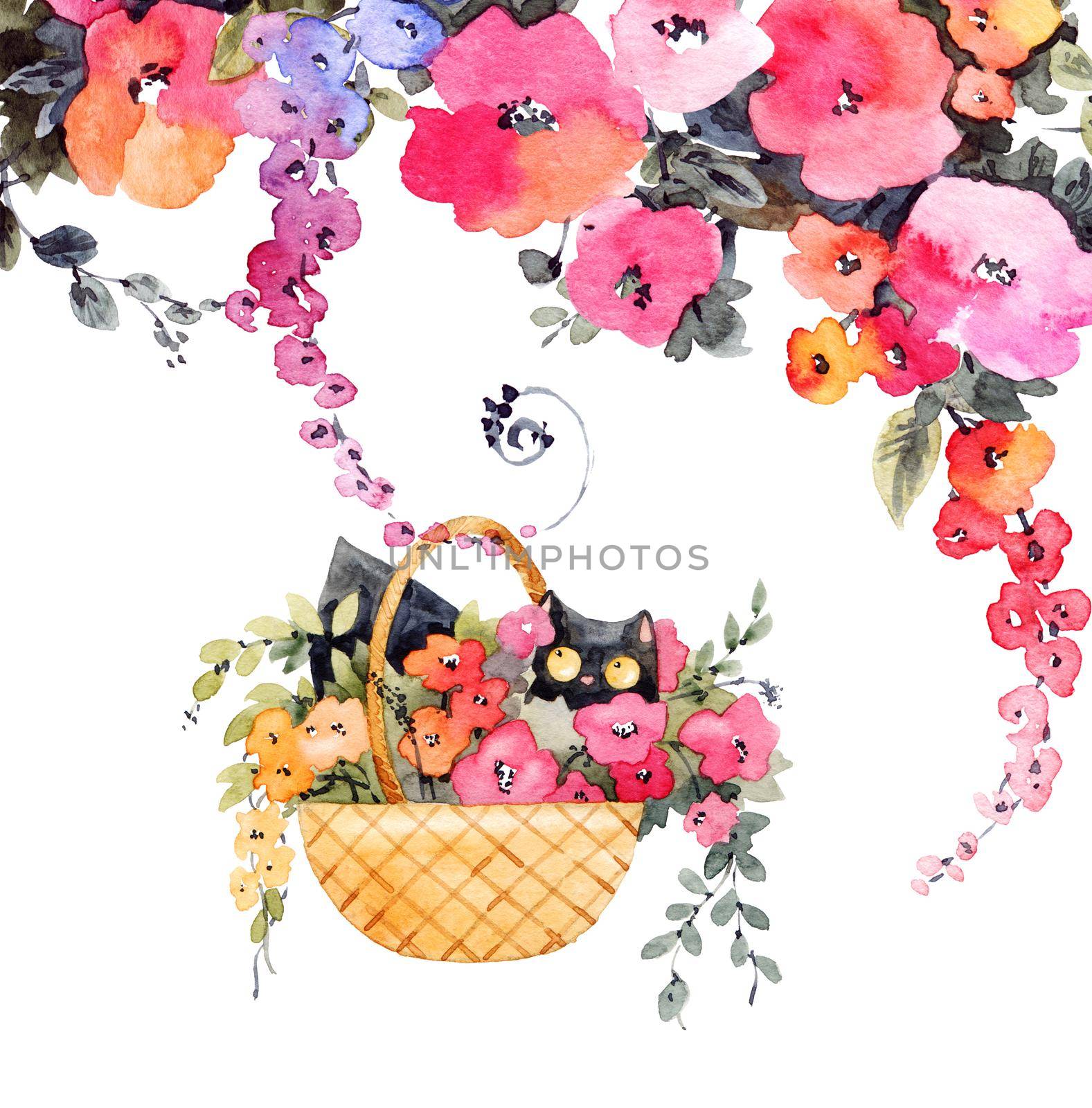 Cute illustration of cat with flowers in basket. Design for greeting card. Drawing by watercolor.