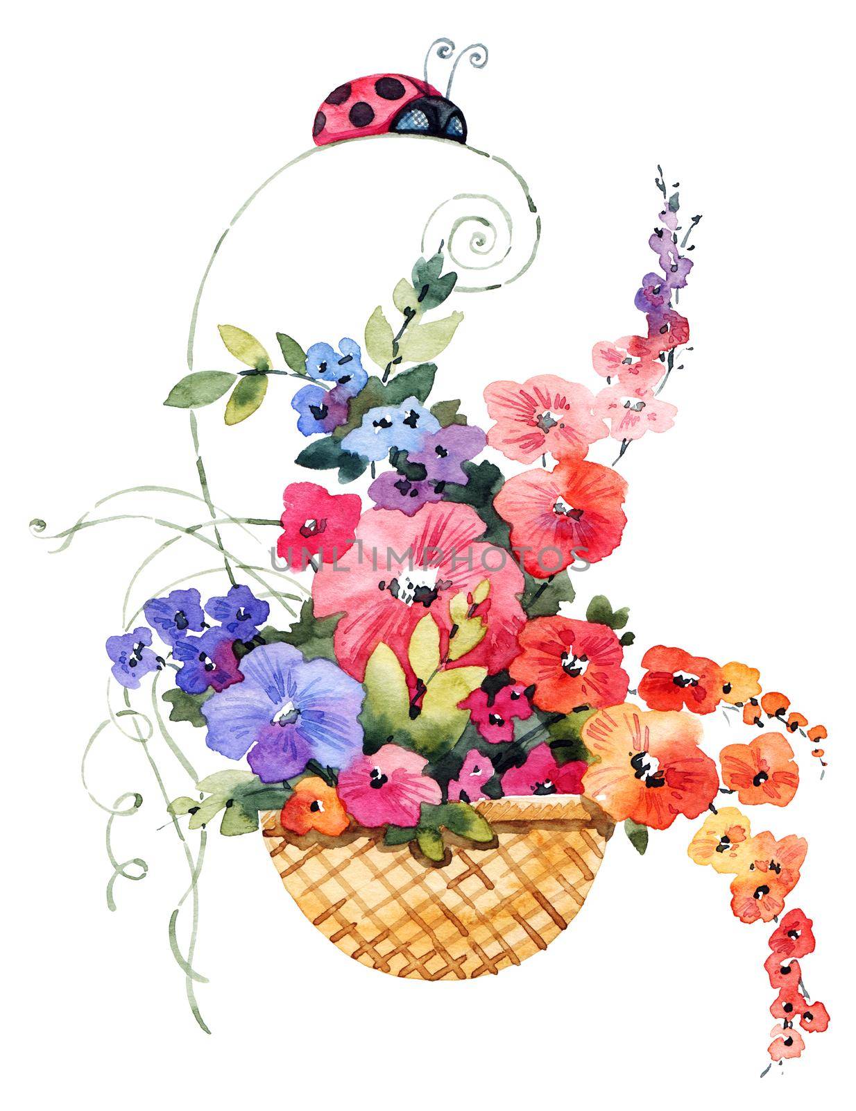 Cute illustration of flowers in basket and ladybug. Design for greeting card. Drawing by watercolor.