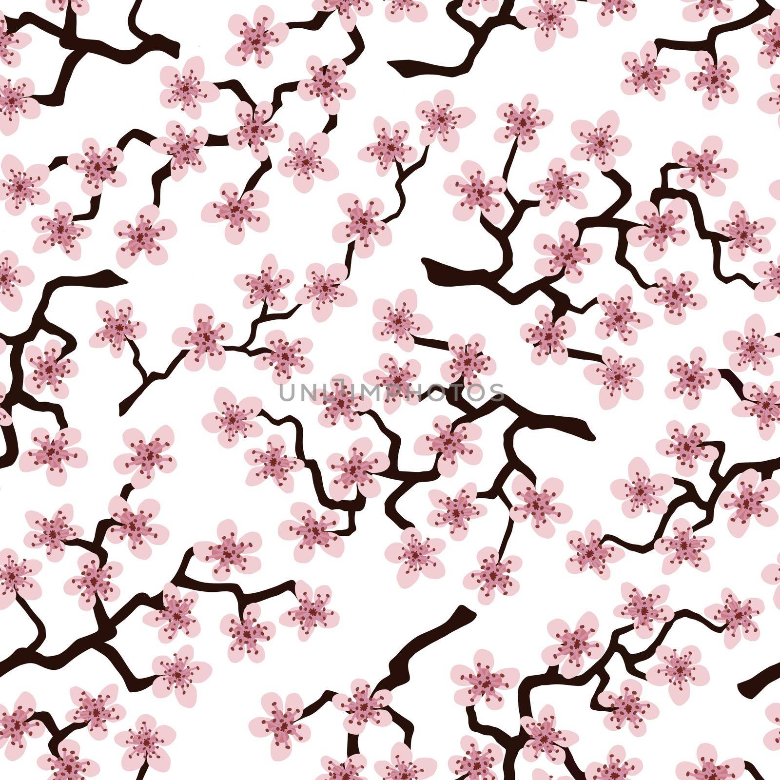 Seamless pattern with blossoming Japanese cherry sakura branches.Pink flowers on white background by Angelsmoon