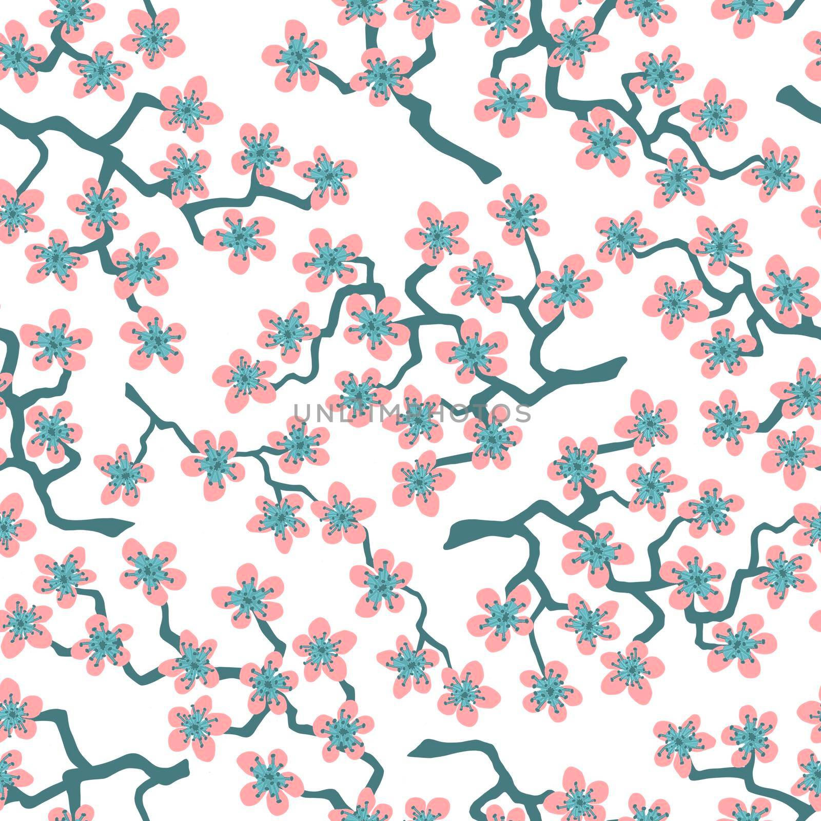 Seamless pattern with blossoming Japanese cherry sakura branches for fabric,packaging,wallpaper,textile decor,design, invitations,cards,print,gift wrap,manufacturing.Pink flowers on white background
