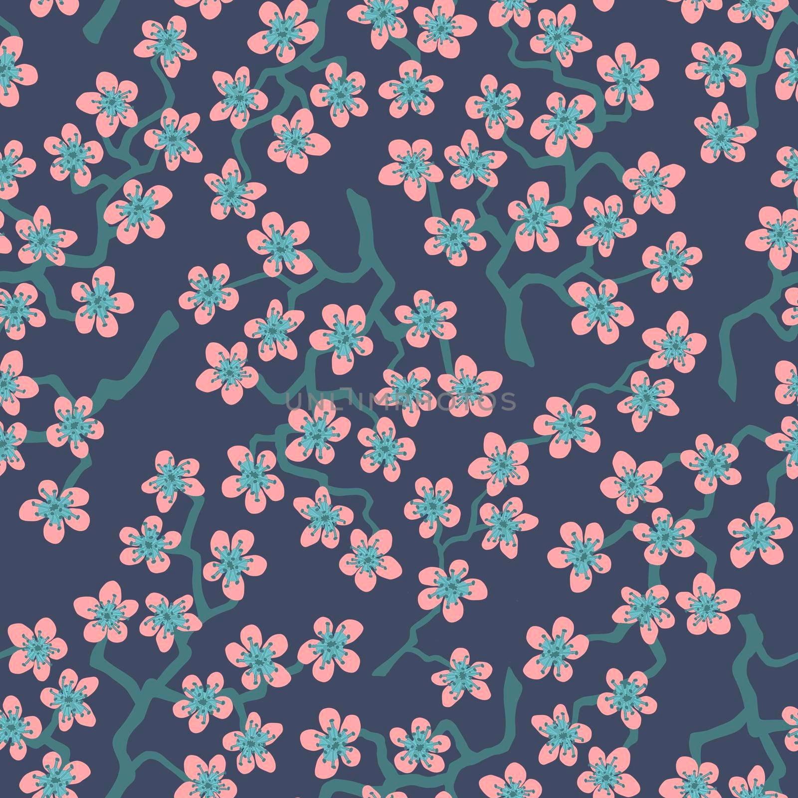 Seamless pattern with blossoming Japanese cherry sakura branches for fabric,packaging,wallpaper,textile decor,design, invitations,cards,print,gift wrap,manufacturing.Pink flowers on gray background