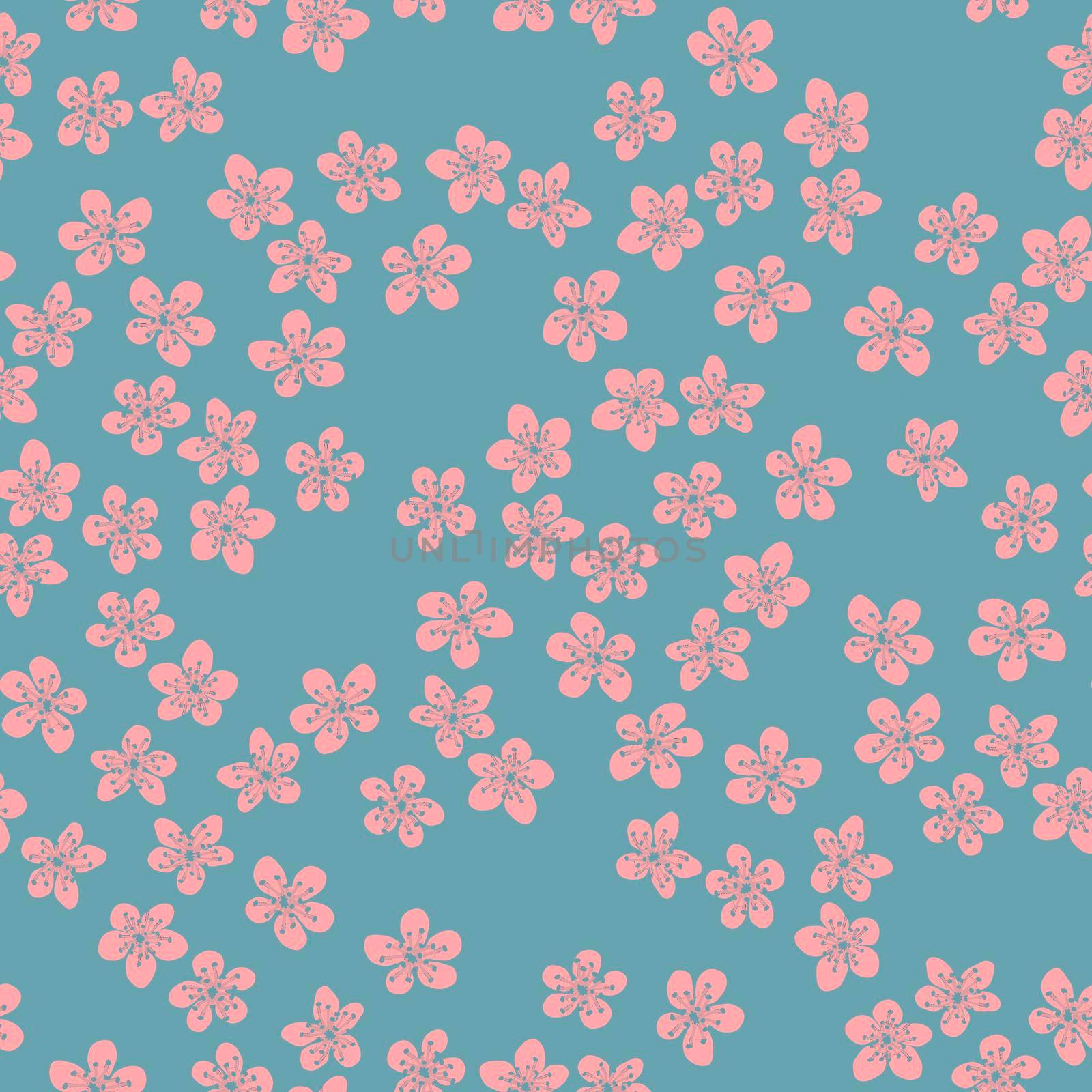 Seamless pattern with blossoming Japanese cherry sakura flowers.Pink flowers on azure background by Angelsmoon