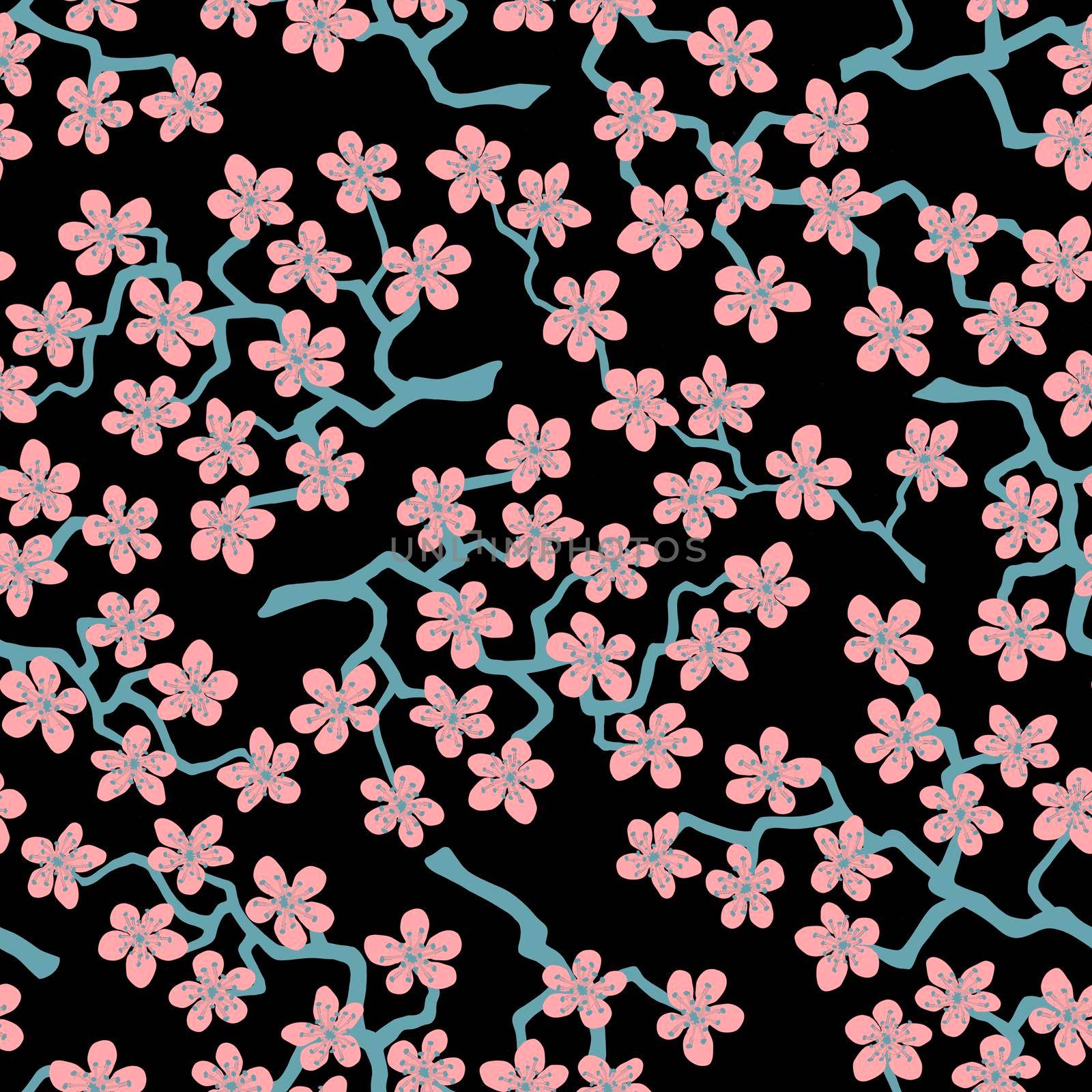 Seamless pattern with blossoming Japanese cherry sakura branches.Pink flowers on black background by Angelsmoon