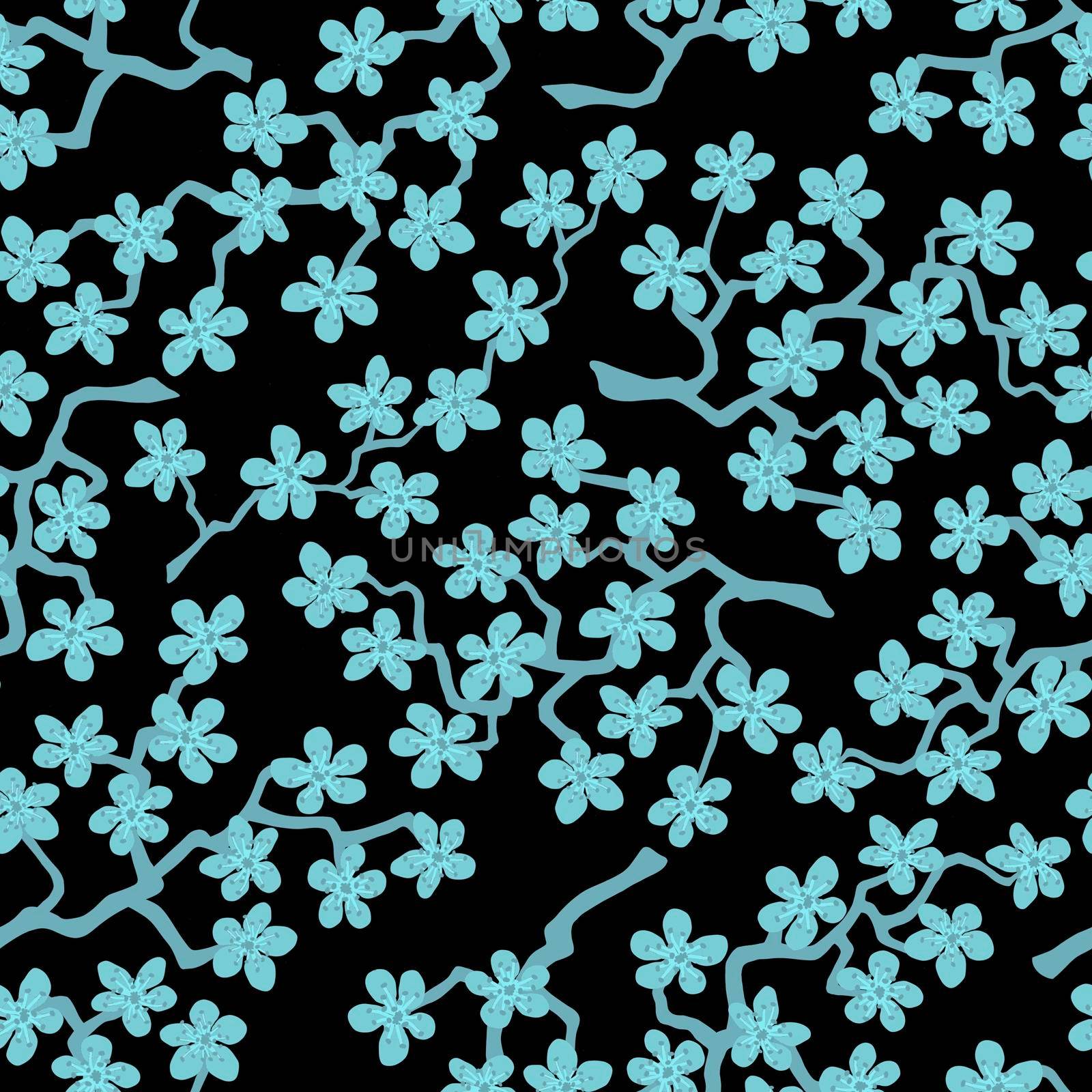 Seamless pattern with blossoming Japanese cherry sakura branches.Azure flowers on black background by Angelsmoon