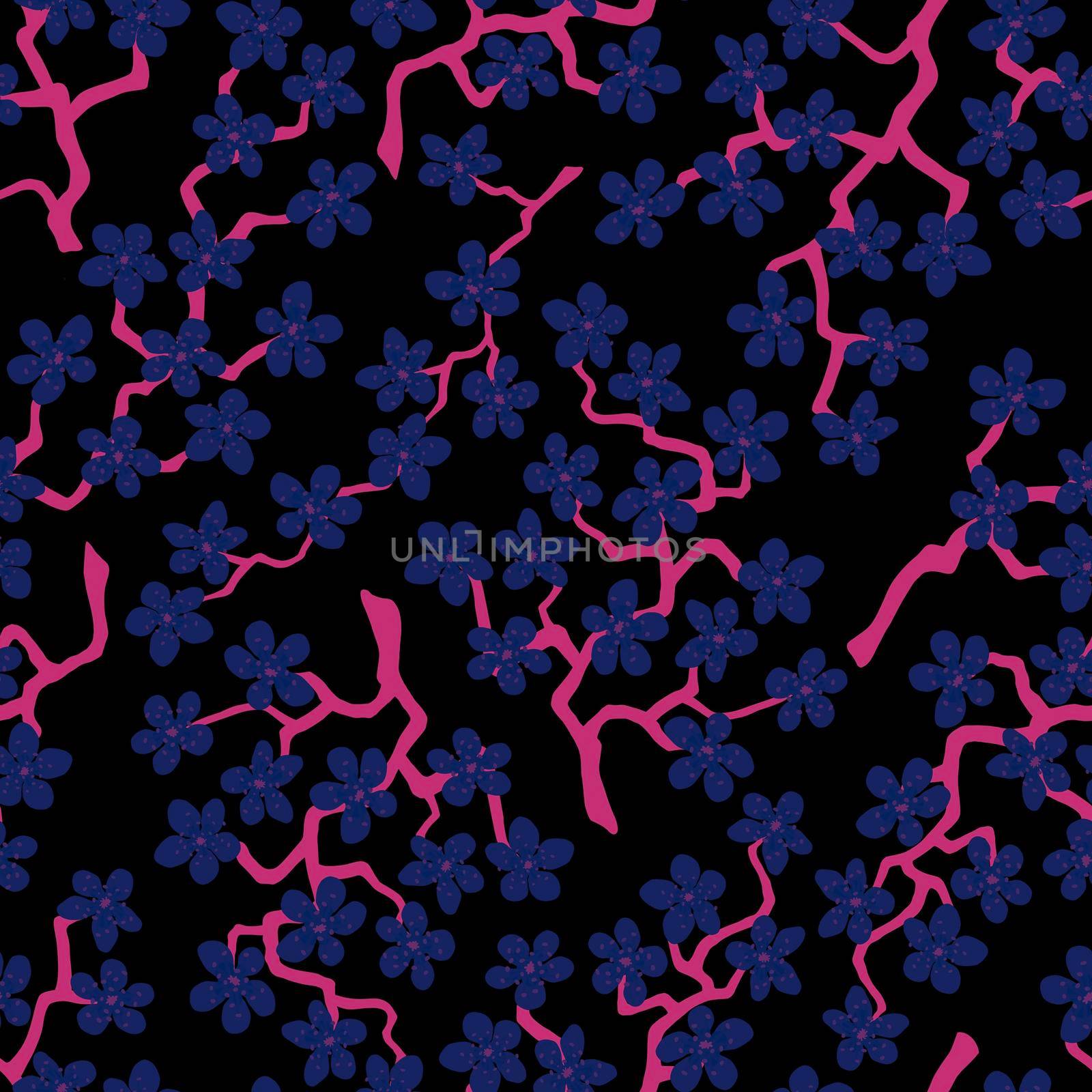 Seamless pattern with blossoming Japanese cherry sakura branches for fabric,packaging,wallpaper,textile decor,design, invitations,cards,print,gift wrap,manufacturing.Blue flowers on black background