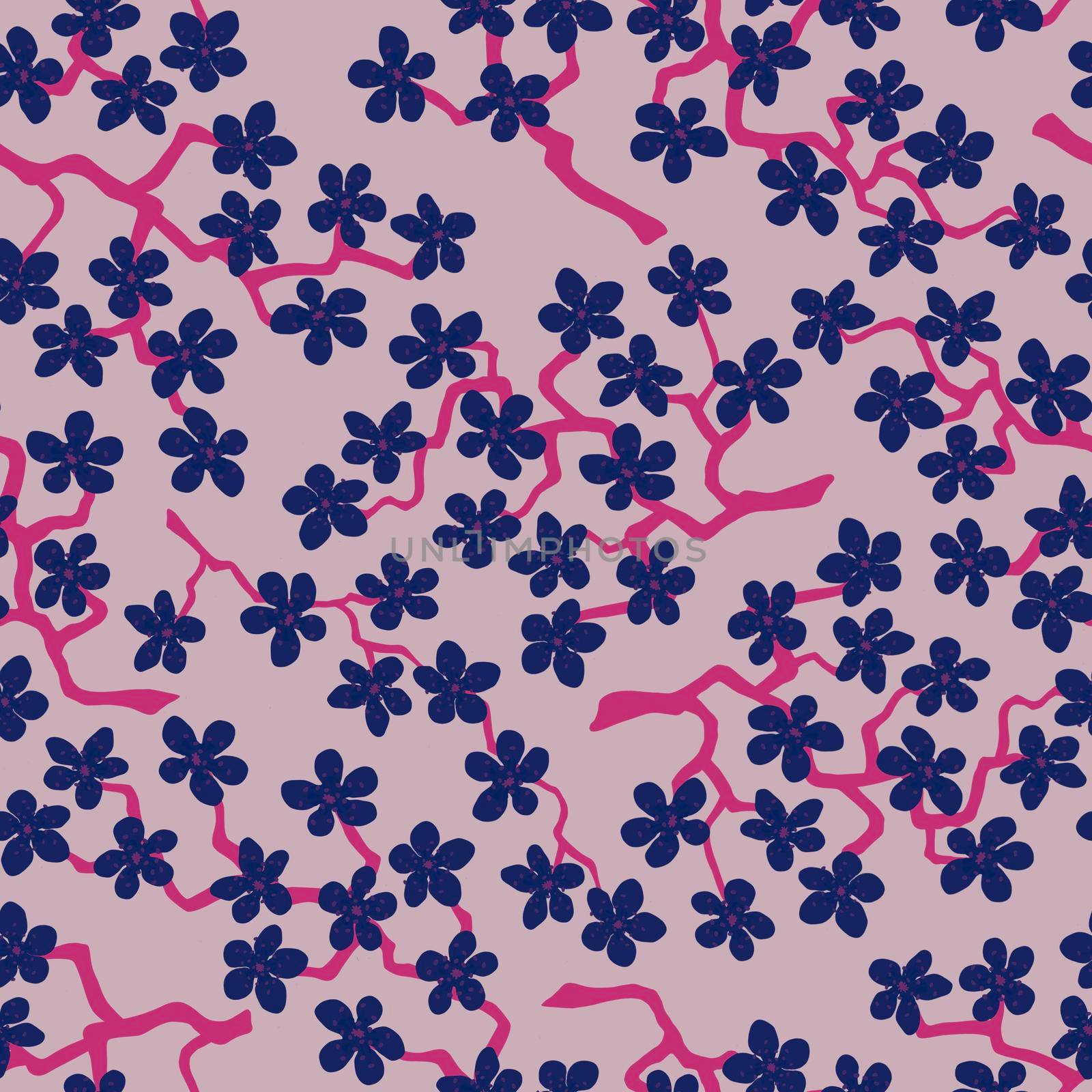 Seamless pattern with blossoming Japanese cherry sakura branches for fabric,packaging,wallpaper,textile decor,design, invitations,cards,print,gift wrap,manufacturing.Blue flowers on pink background
