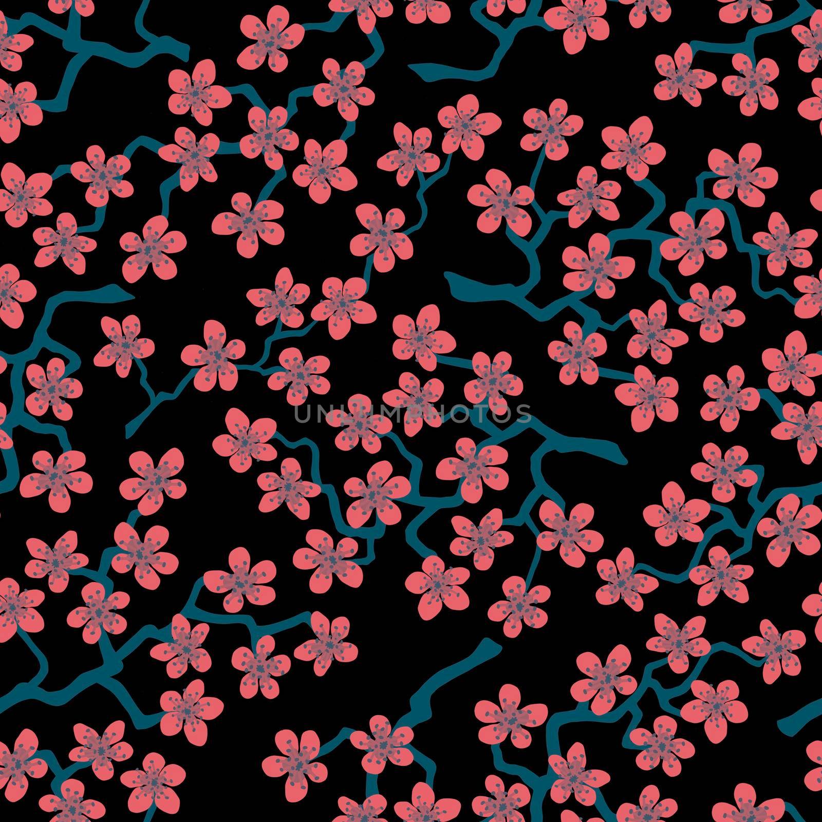 Seamless pattern with blossoming Japanese cherry sakura branches for fabric,packaging,wallpaper,textile decor,design, invitations,cards,print,gift wrap,manufacturing.Pink flowers on black background