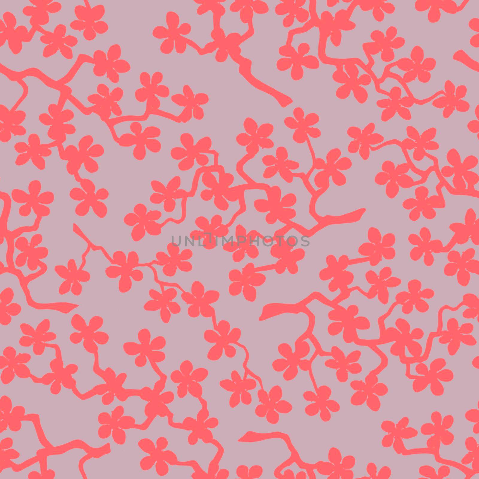 Seamless pattern with blossoming Japanese cherry sakura branches for fabric,packaging,wallpaper,textile decor,design, invitations,cards,print,gift wrap,manufacturing.Coral flowers on pink background