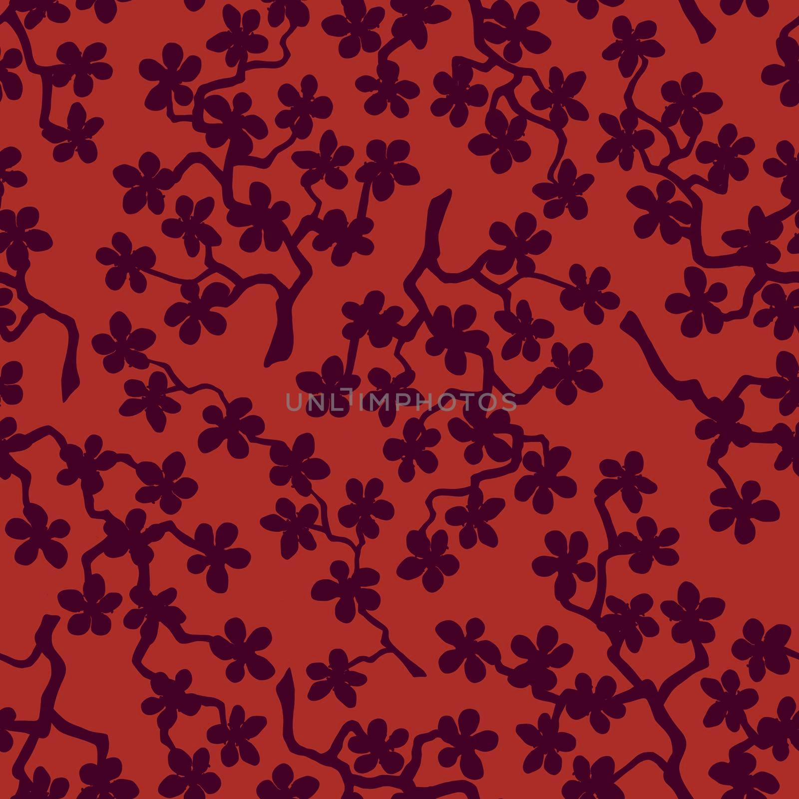 Seamless pattern with blossoming Japanese cherry sakura branches for fabric,packaging,wallpaper,textile decor,design, invitations,print,gift wrap,manufacturing.Burgundy flowers on brown background