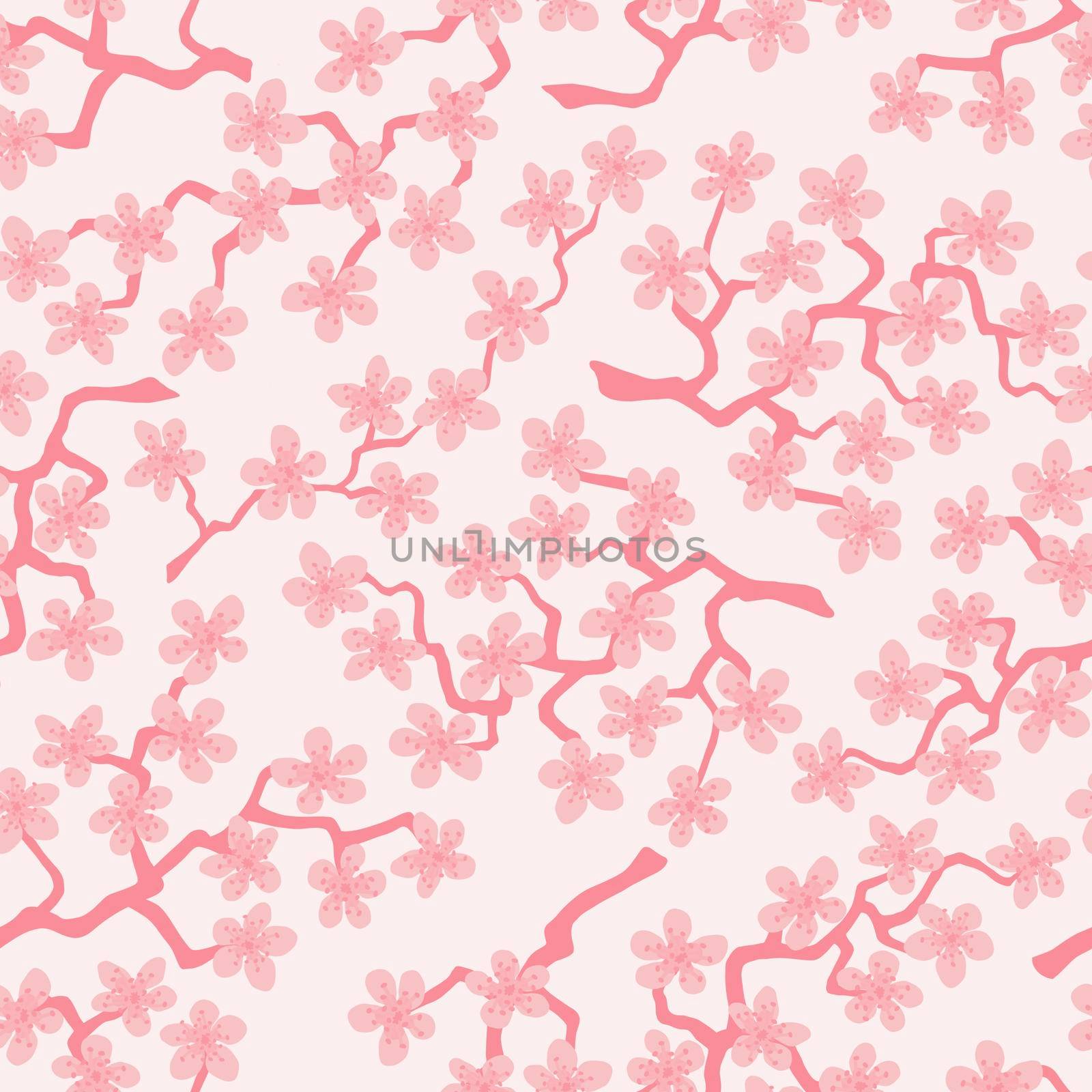 Seamless pattern with blossoming Japanese cherry sakura branches.Pink flowers on pink background by Angelsmoon