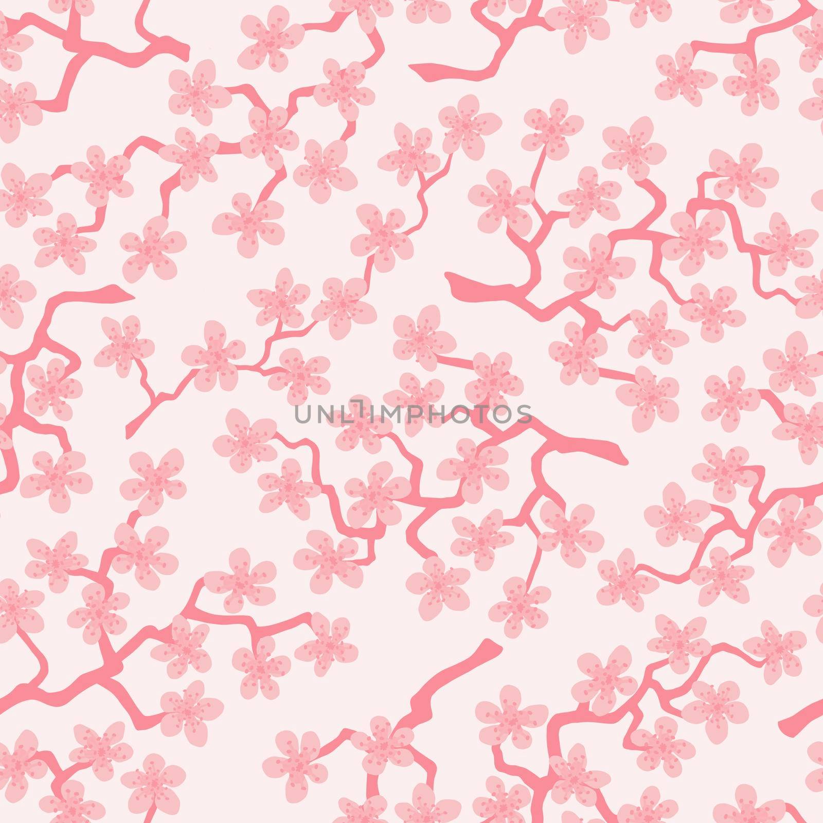 Seamless pattern with blossoming Japanese cherry sakura branches for fabric,packaging,wallpaper,textile decor,design, invitations,cards,print,gift wrap,manufacturing.Pink flowers on pink background