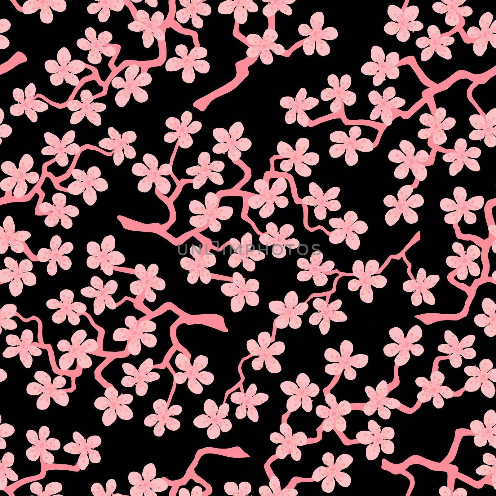 Seamless pattern with blossoming Japanese cherry sakura branches for fabric,packaging,wallpaper,textile decor,design, invitations,cards,print,gift wrap,manufacturing.Pink flowers on black background