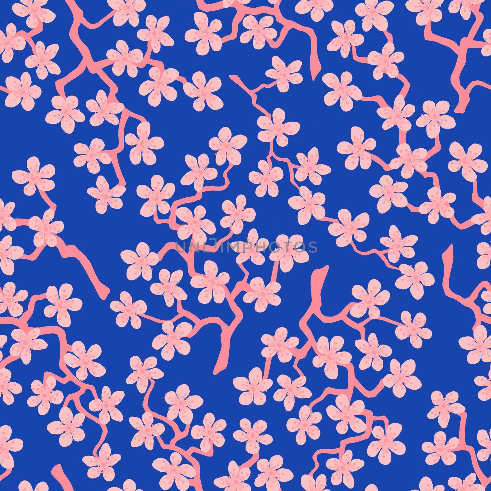Seamless pattern with blossoming Japanese cherry sakura branches.Pink flowers on azure background by Angelsmoon