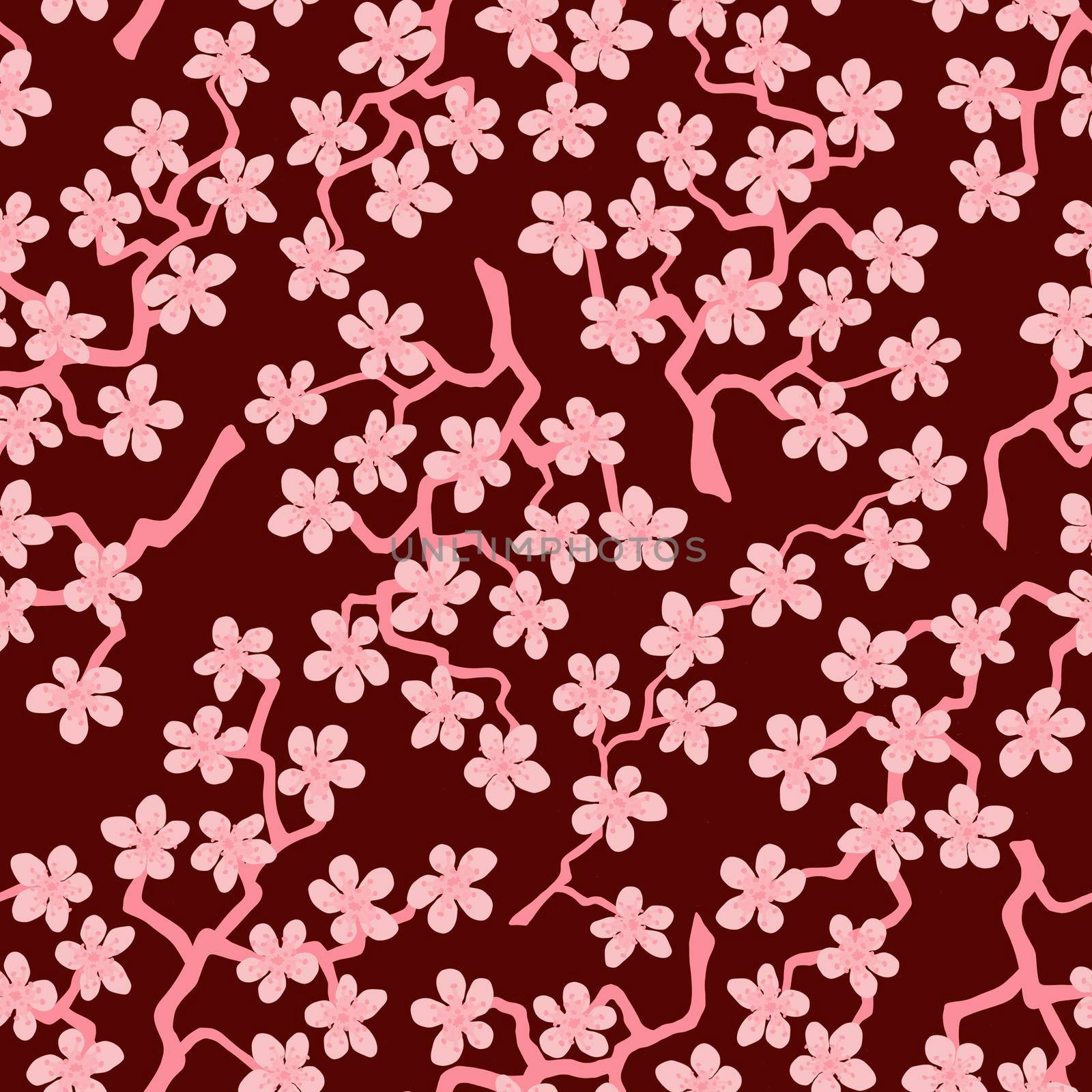 Seamless pattern with blossoming Japanese cherry sakura branches.Pink flowers on burgundy background by Angelsmoon