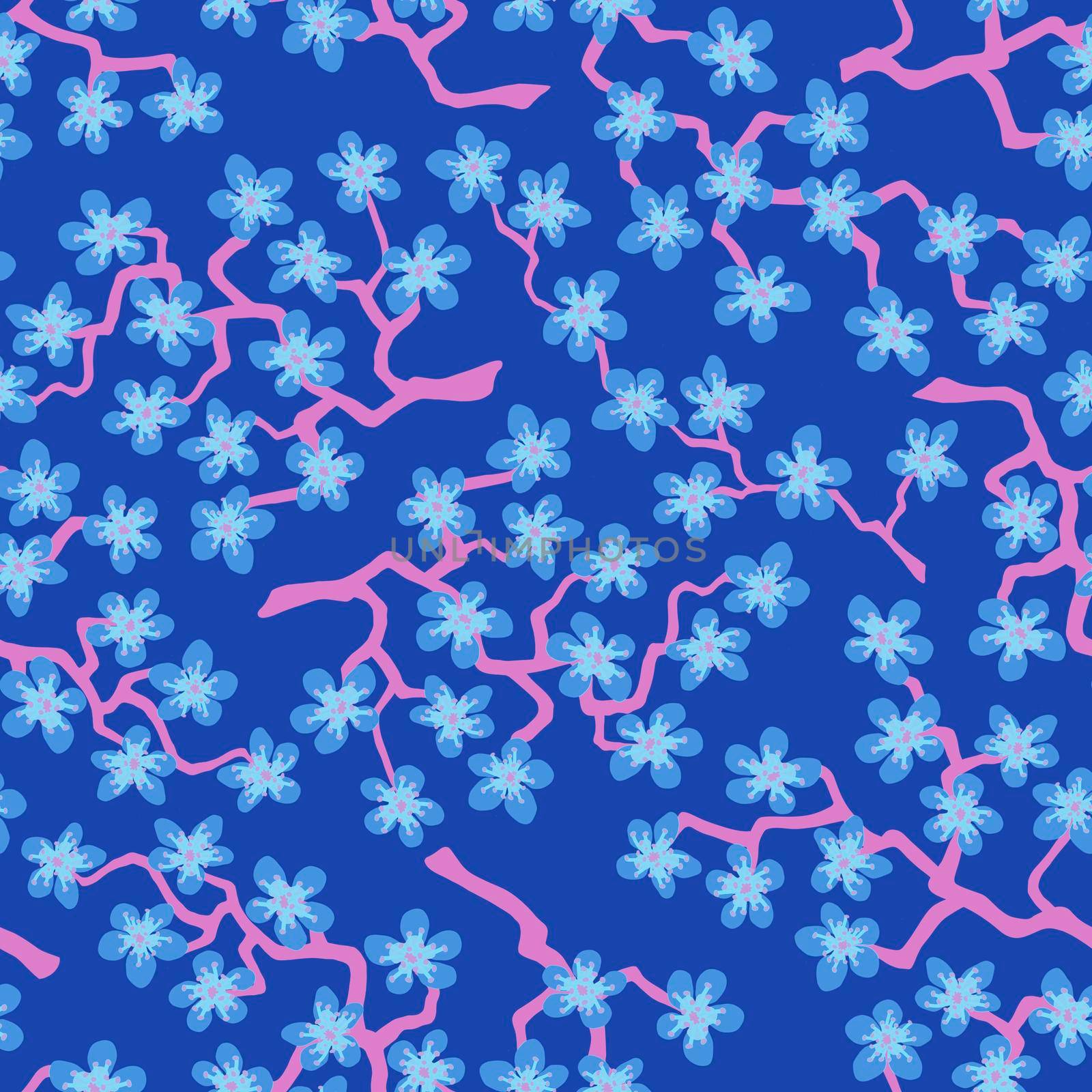 Seamless pattern with blossoming Japanese cherry sakura branches for fabric,packaging,wallpaper,textile decor,design, invitations,print,gift wrap,manufacturing.Heavenly flowers on azure background
