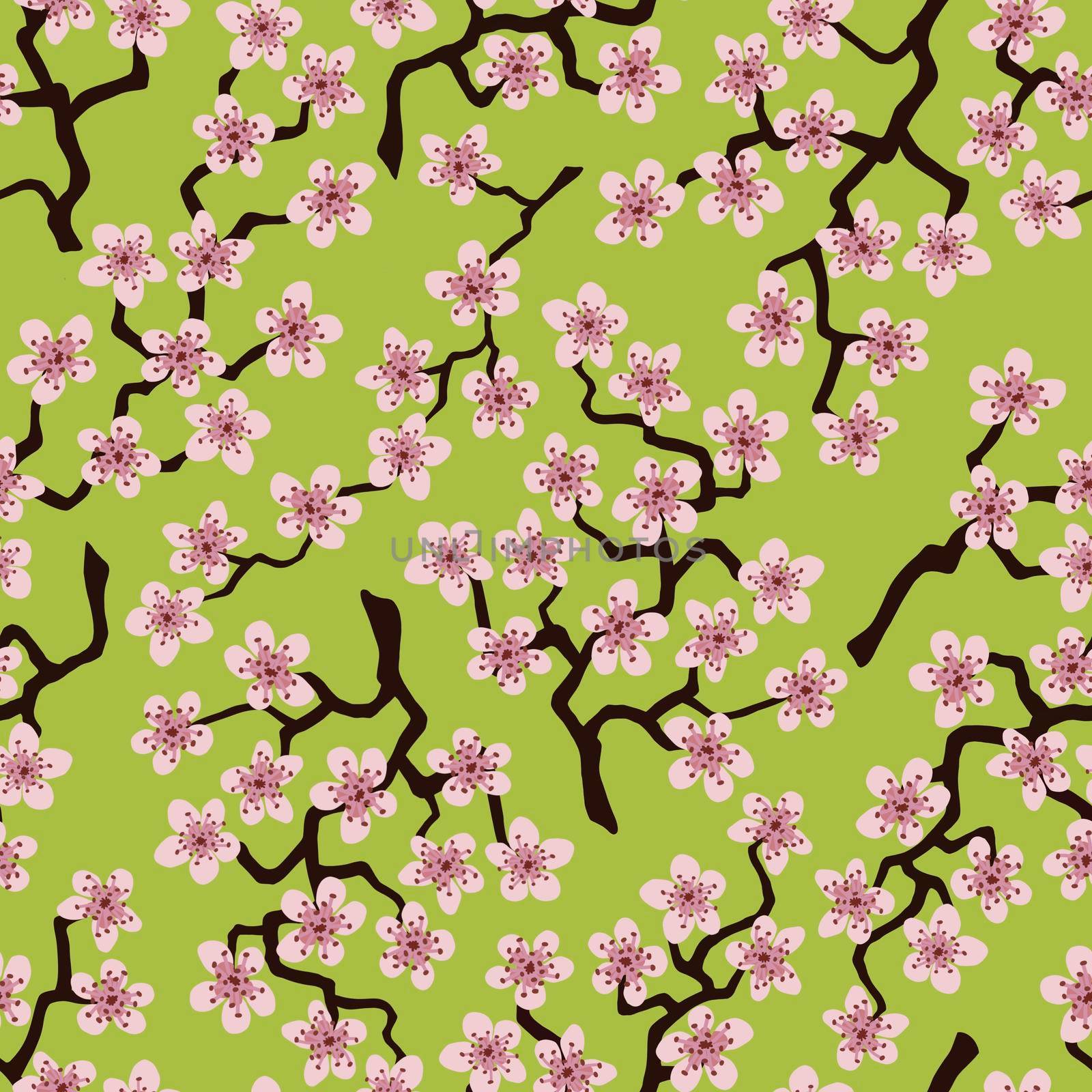 Seamless pattern with blossoming Japanese cherry sakura branches for fabric,packaging,wallpaper,textile decor,design, invitations,cards,print,gift wrap,manufacturing.Pink flowers on mustard background