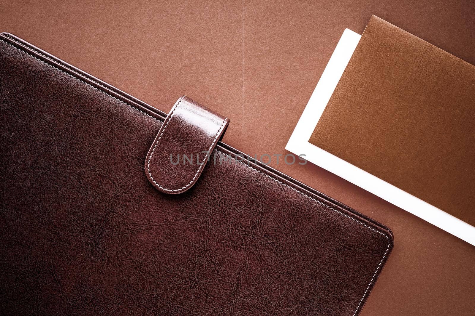 Productivity, work and corporate lifestyle concept - Vintage business briefcase on the office table desk, flatlay background