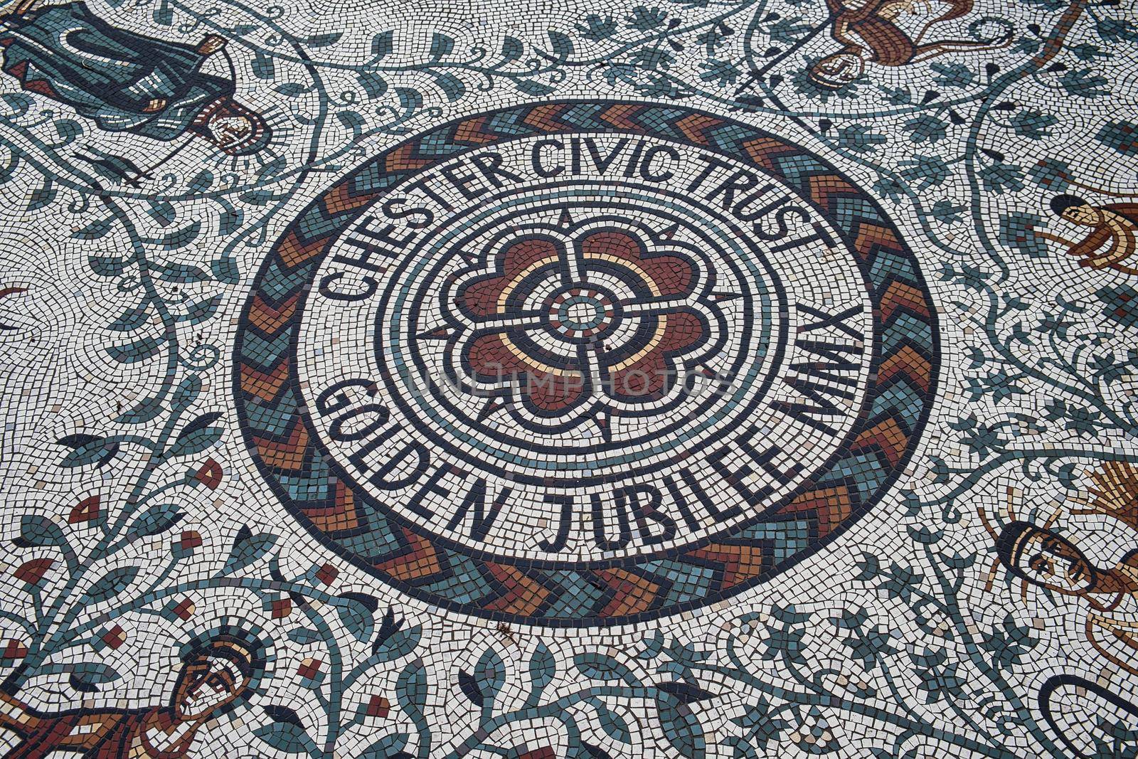 Modern Roman style mosaic at the entrance of the Roman Gardens created for the Golden Jubilee of Chester Civic Trust 2010, Chester, England.