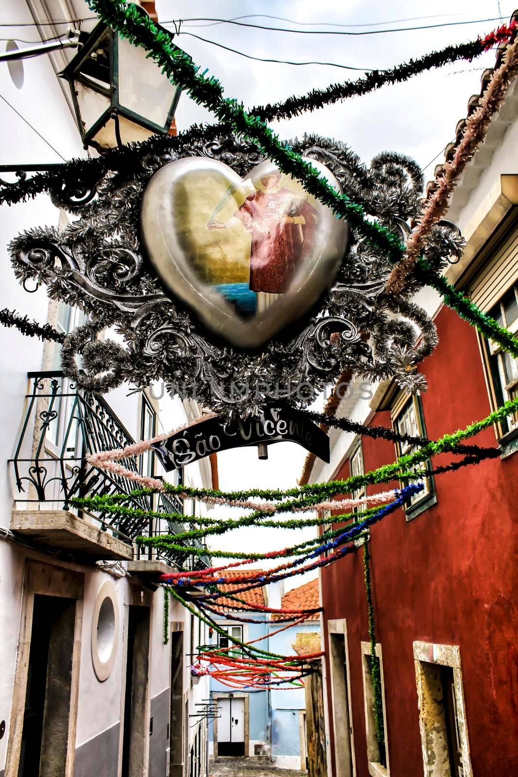 Streets adorned with garlands for the festivities of Saint Anthony in the Alfama neighborhood in Lisbon