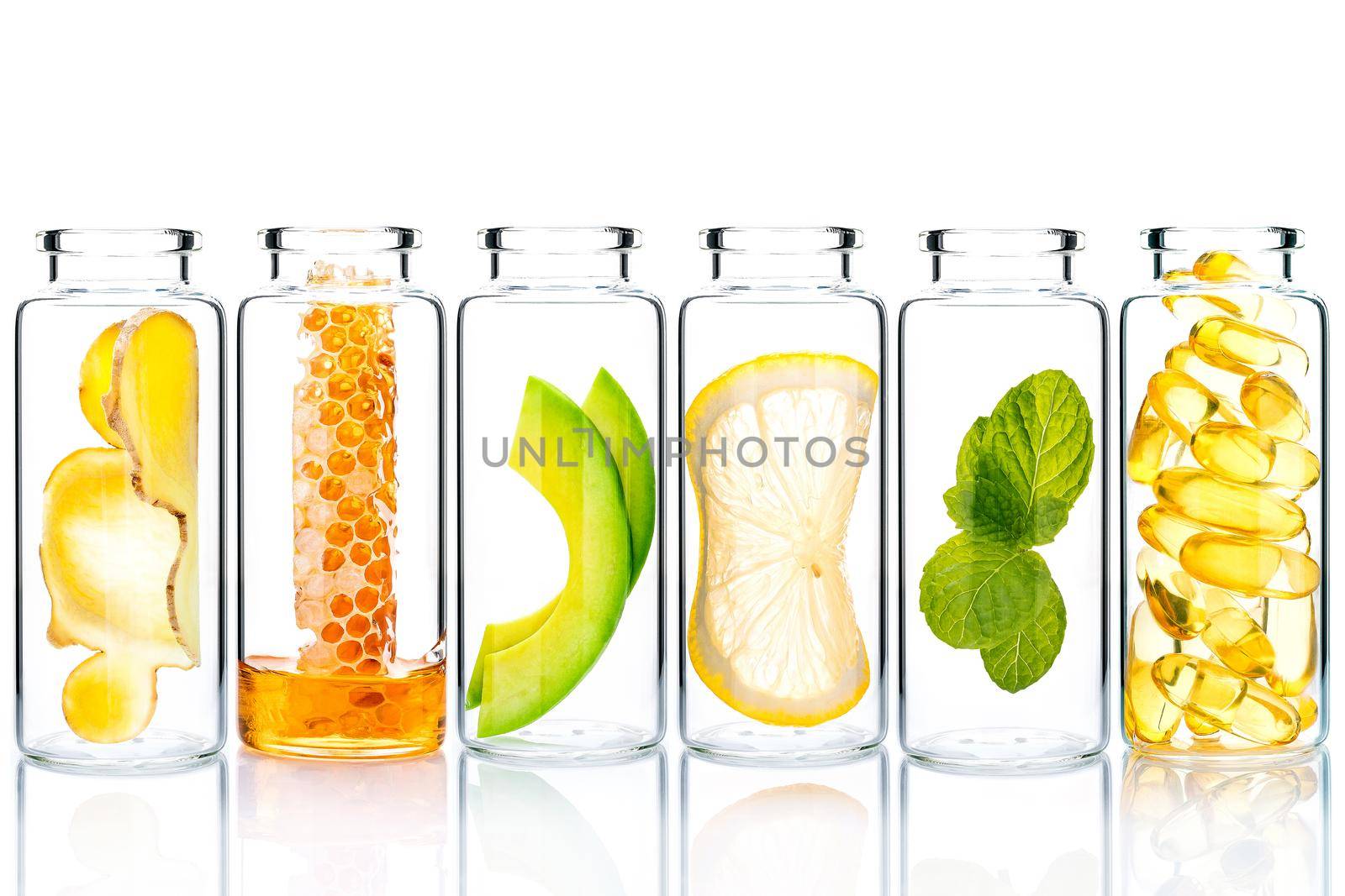 Alternative skin care and homemade scrubs with natural ingredients  in glass bottles isolate on white background.
