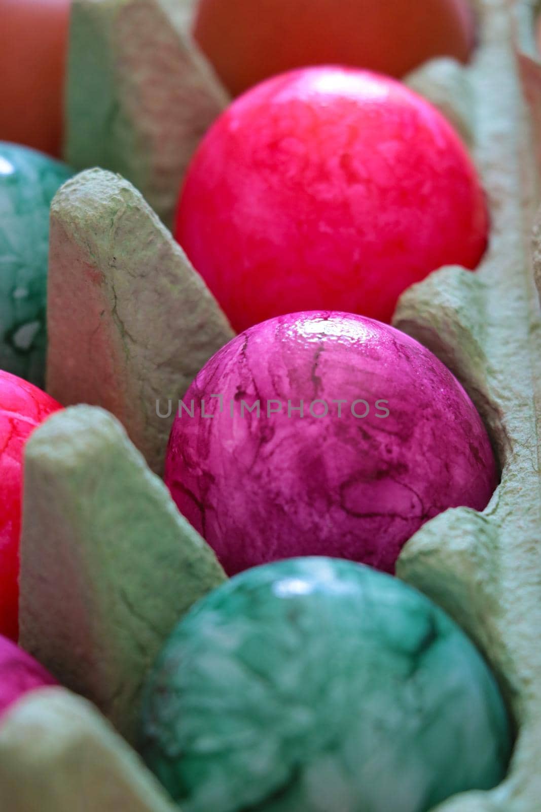 View of multi-colored eggs in a carton box. by kip02kas