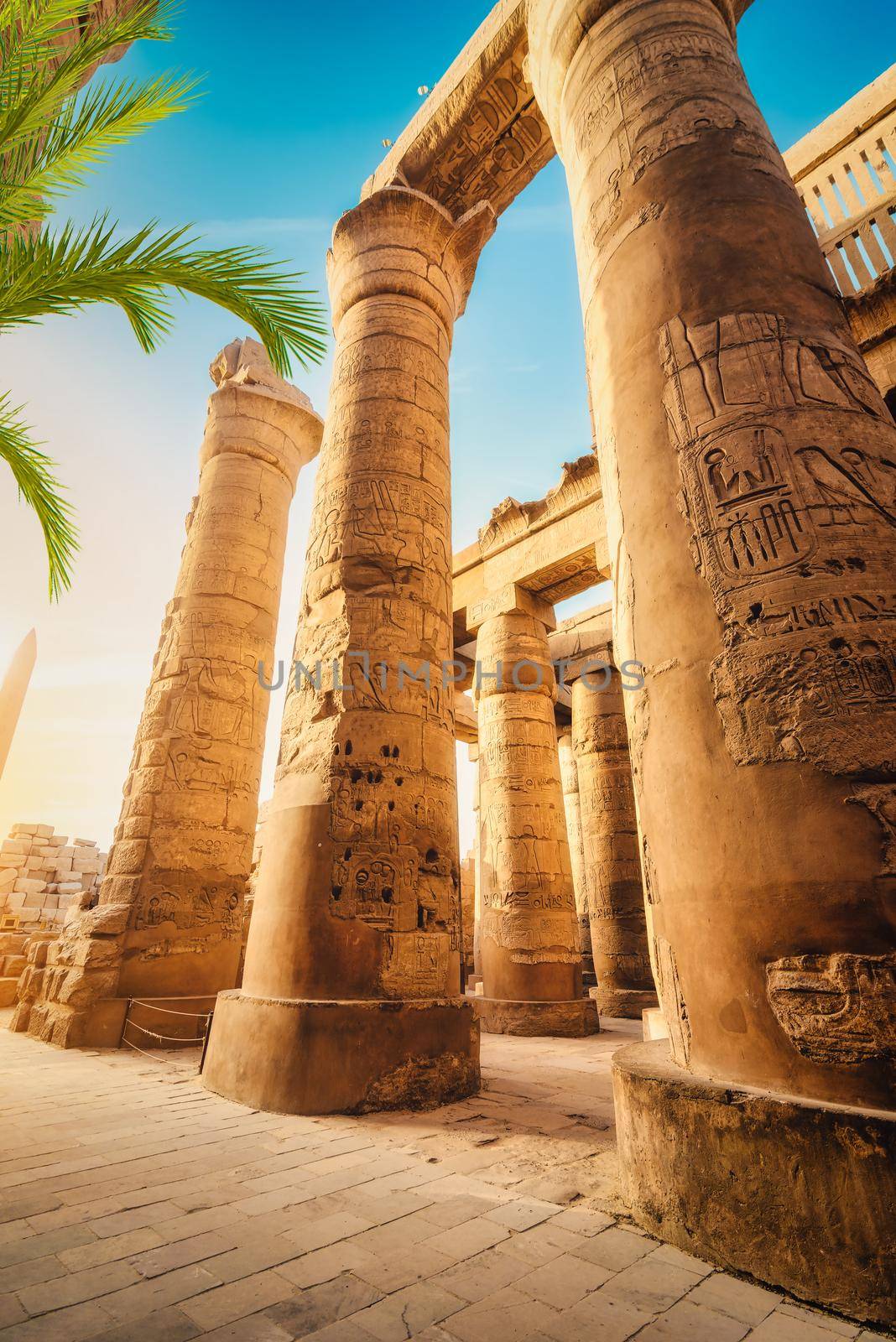 Great columns in Karnak temple at sunrise