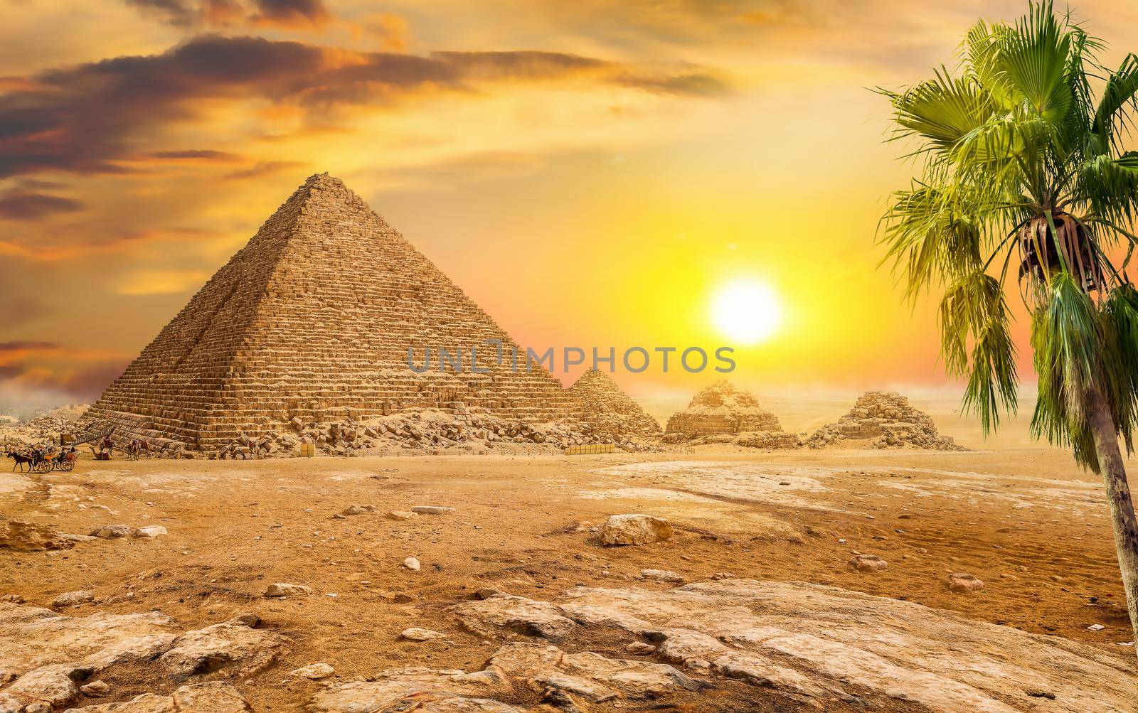 Great pyramids on Giza plateau at sunny sunrise