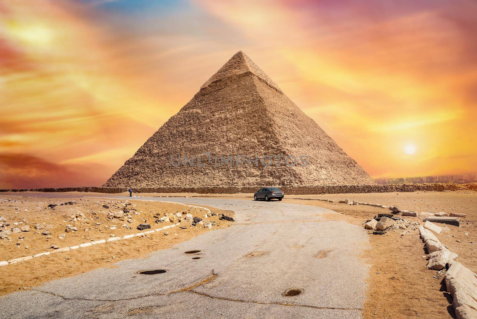 Road to Khafre pyramid at sunny sunset in Giza, Egypt