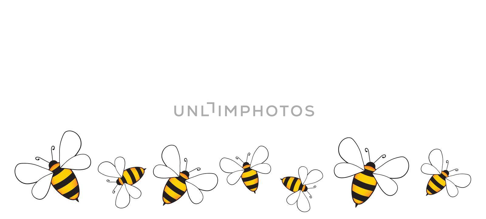 Banner with cartoon cute bee mascot. Merry bee with an empty table. Small wasp. Vector character. Insect icon. Holiday template design for greeting card, postcard, wallpaper, poster. Copy space.