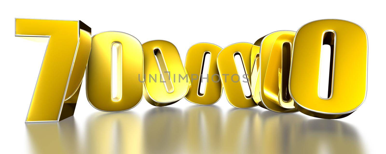 7 000 000 gold 3D illustration on white background with clipping path.