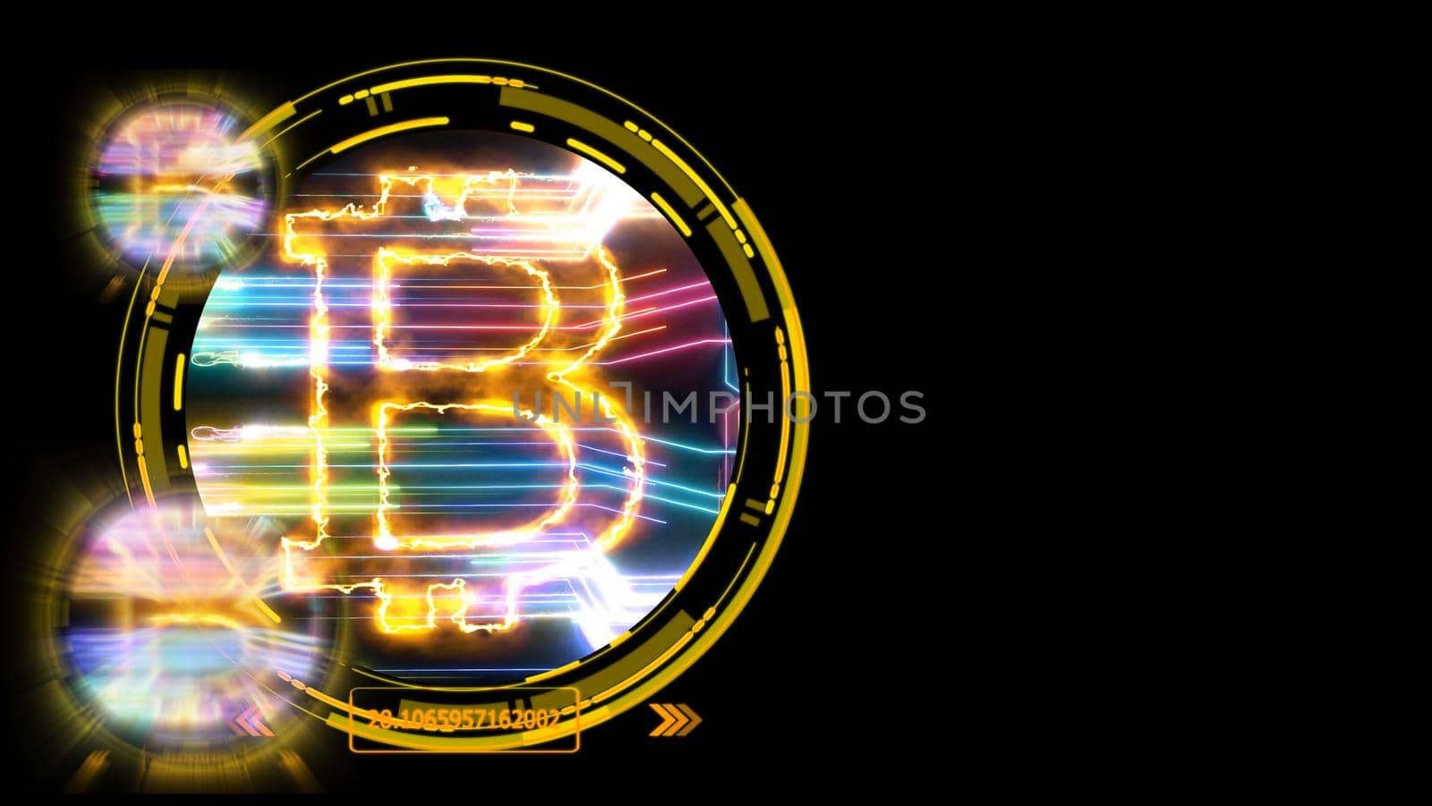 bitcoin cryptocurrency and futuristic colorful digital laser transfer on black isolated by Darkfox