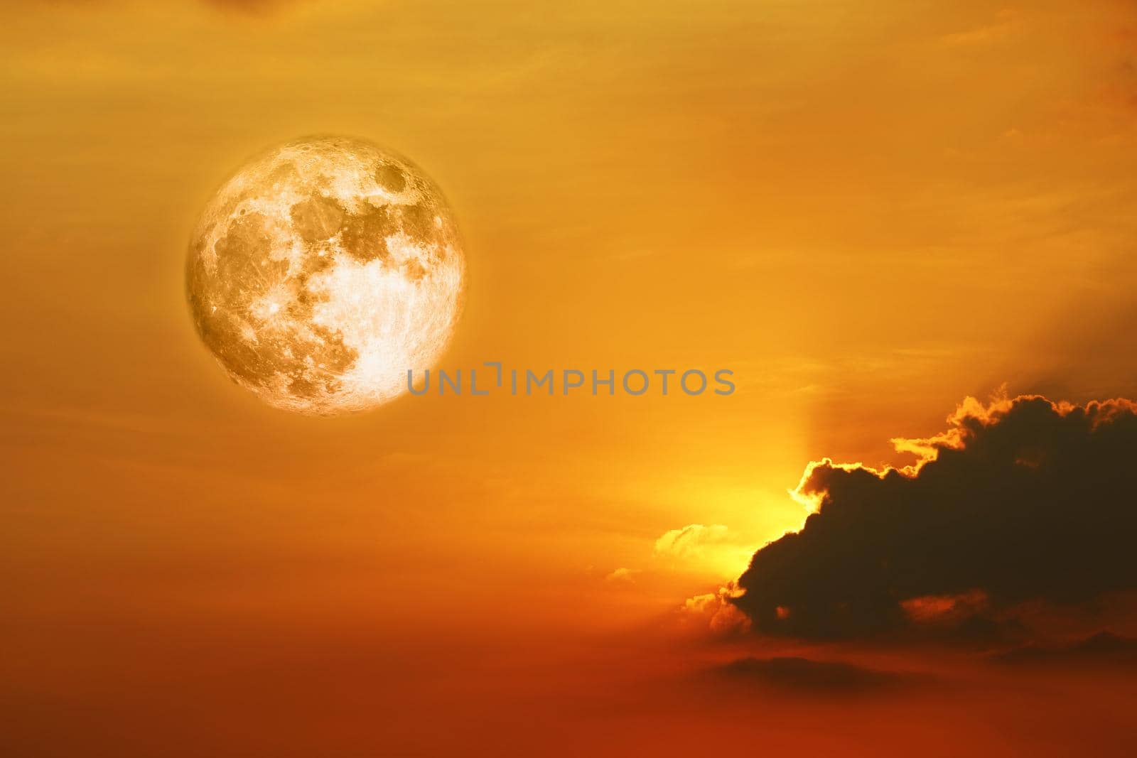 full crust moon and orange yellow red silhouette sky in sunset back on the cloud, Elements of this image furnished by NASA