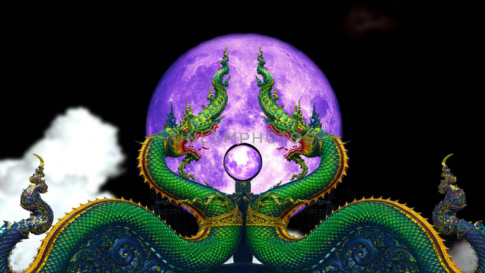 reflection violet moon and cloud on crystal ball and twin naga on the night sky time lapse by Darkfox