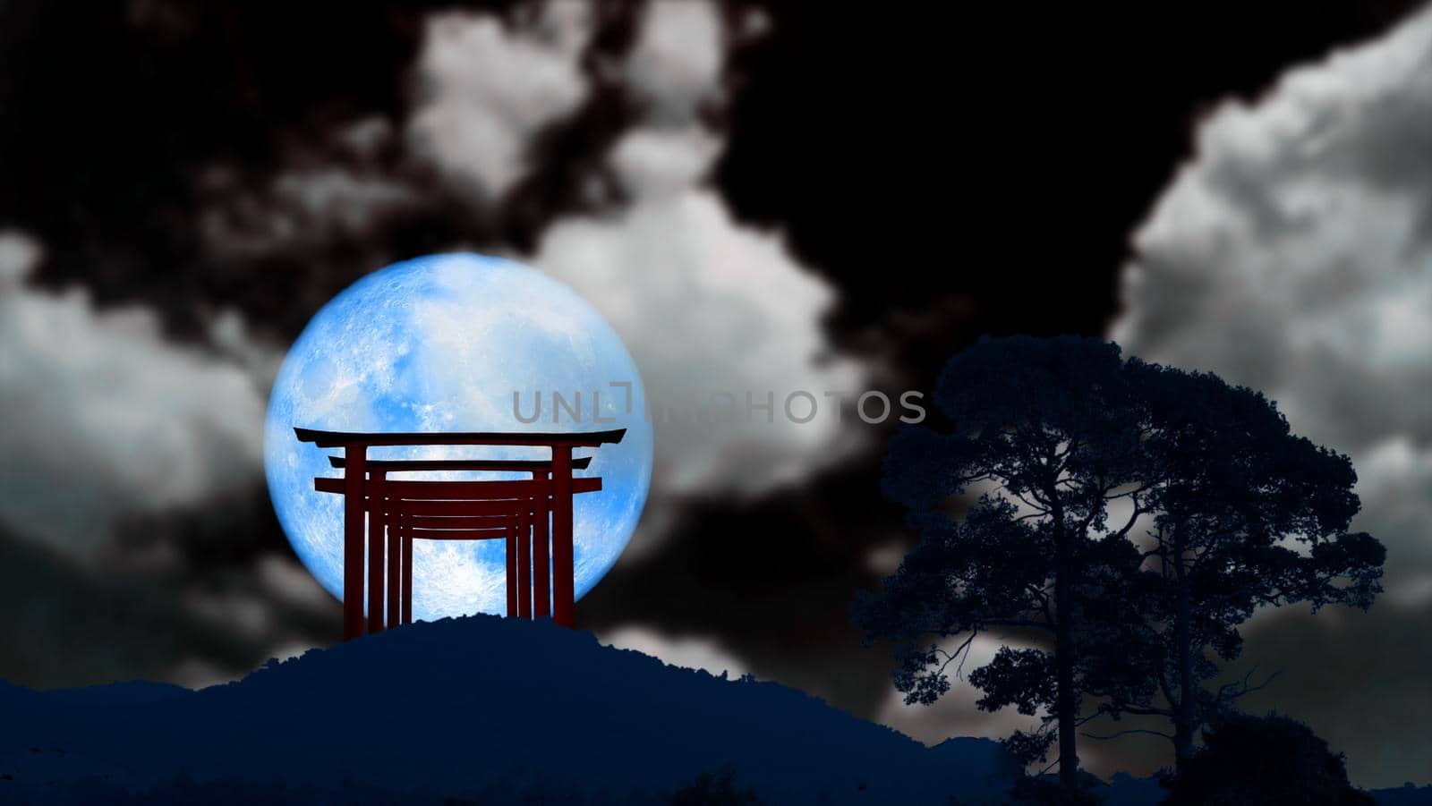 torii on the mountain and super blue moon and cloud on night sky by Darkfox