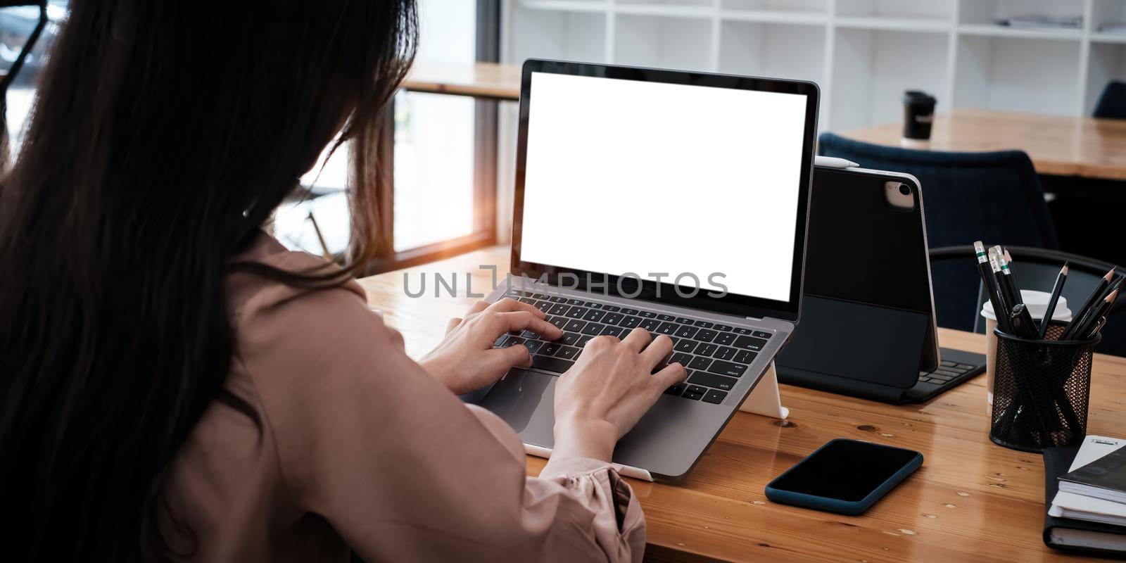 Video conference, Online meeting video call, Portrait of business woman looking at laptop computer screen working or watching webinar on laptop in workplace