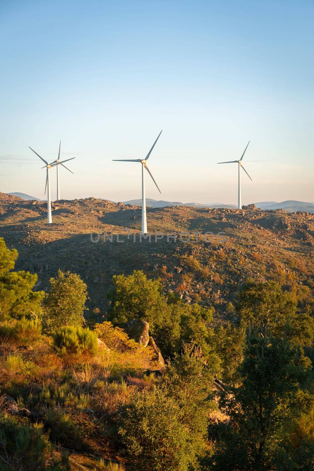 Sortelha nature landscape view with mountains, trees, boulders and wind turbines at sunset, in Portugal by Luispinaphotography