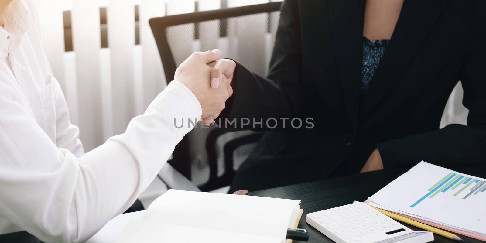 Close up of Business people shaking hands, finishing up meeting, business etiquette, congratulation, merger and acquisition concept by wichayada