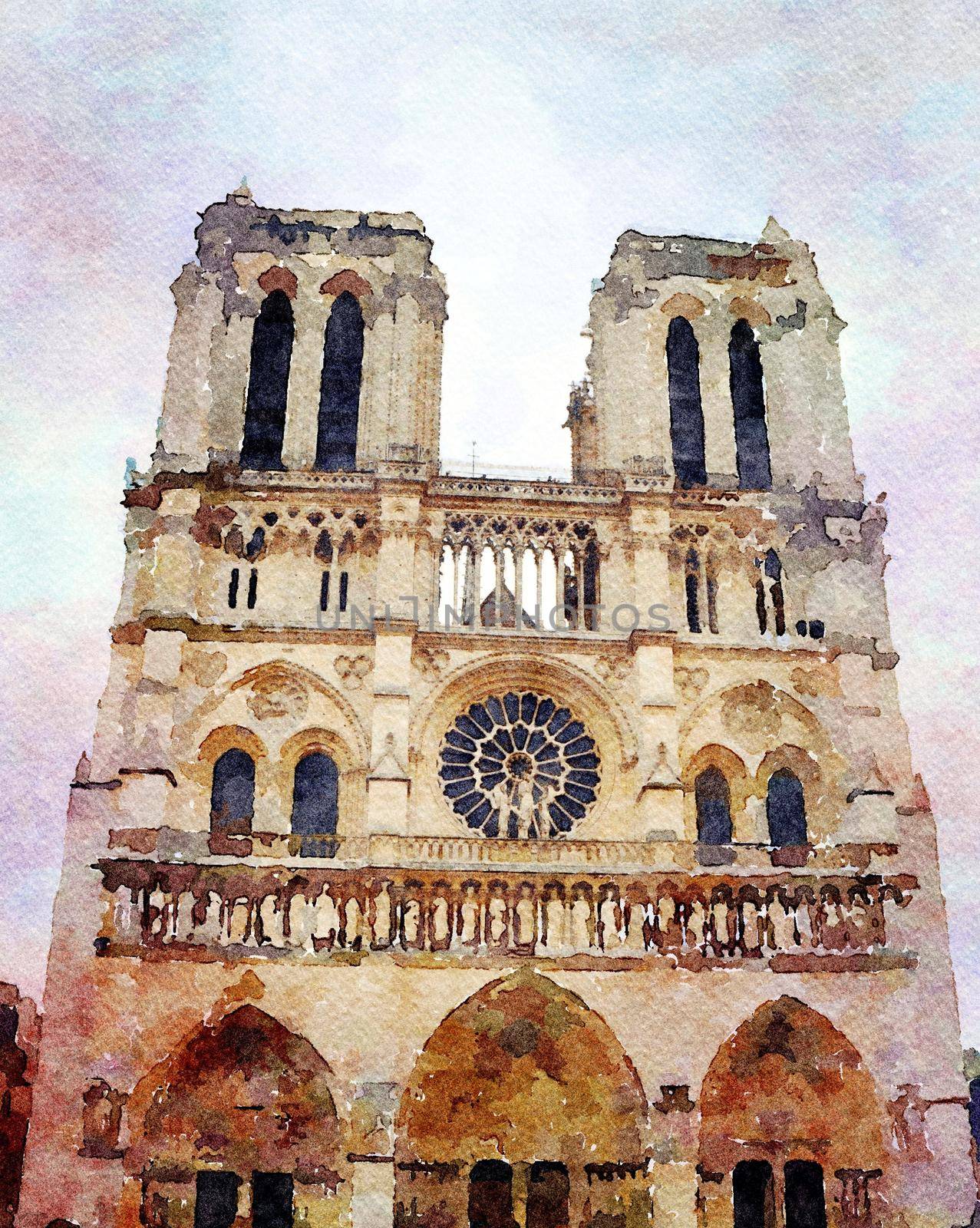 watercolors of the church of Notre Dame in Paris