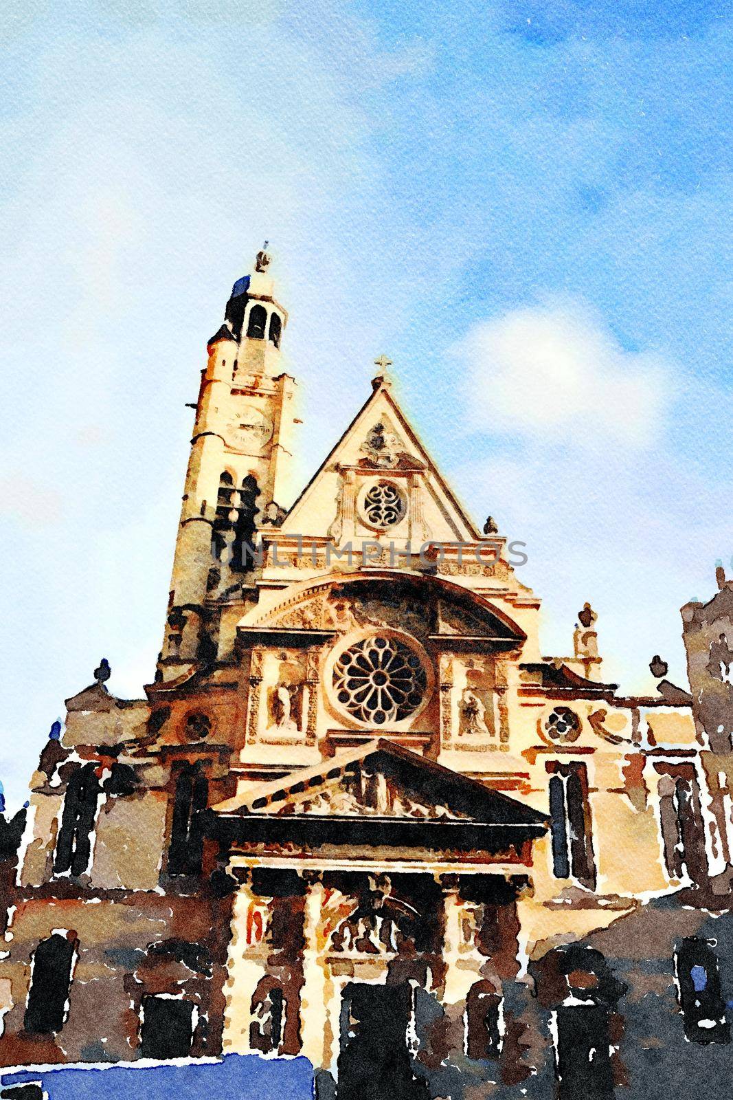 watercolor representing one of the churches in the center of Paris