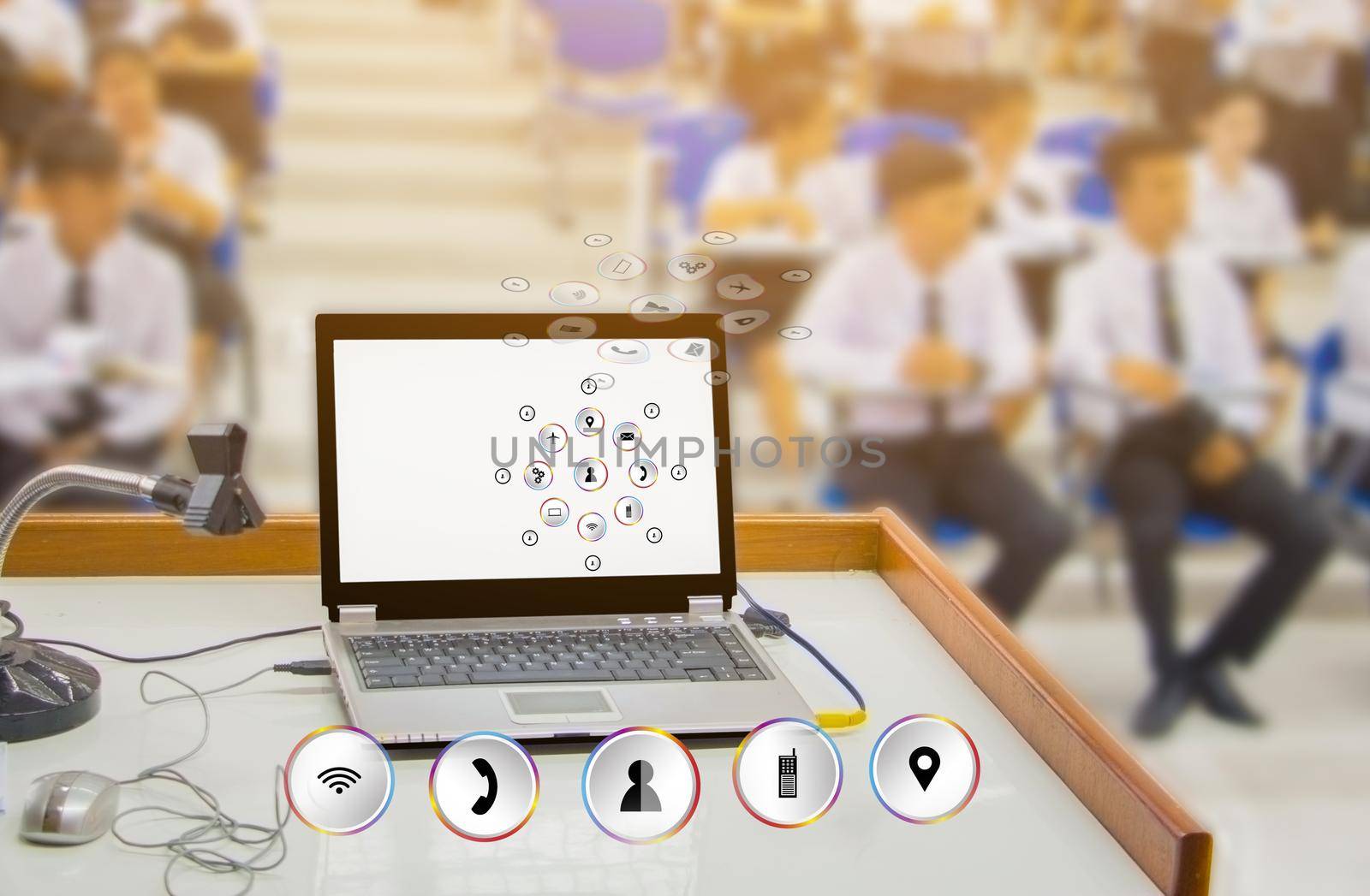 businessman marketing social network future transportation education learning. concept connect computer communicate technology with blur classroom desktop computer background and copy space add text by pramot