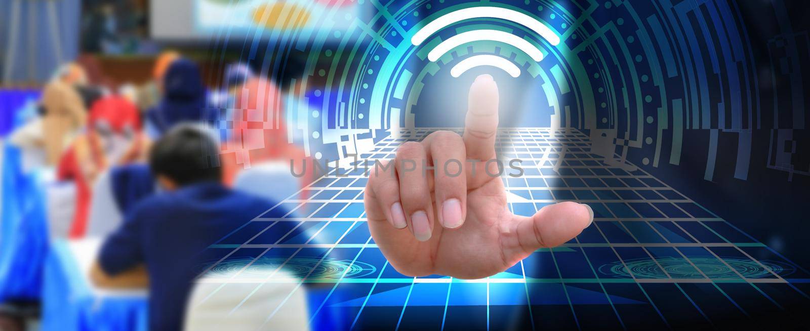 businessman pressing touch button wifi connection icon web social network element internet future with blur background business training conference in meeting room seminar