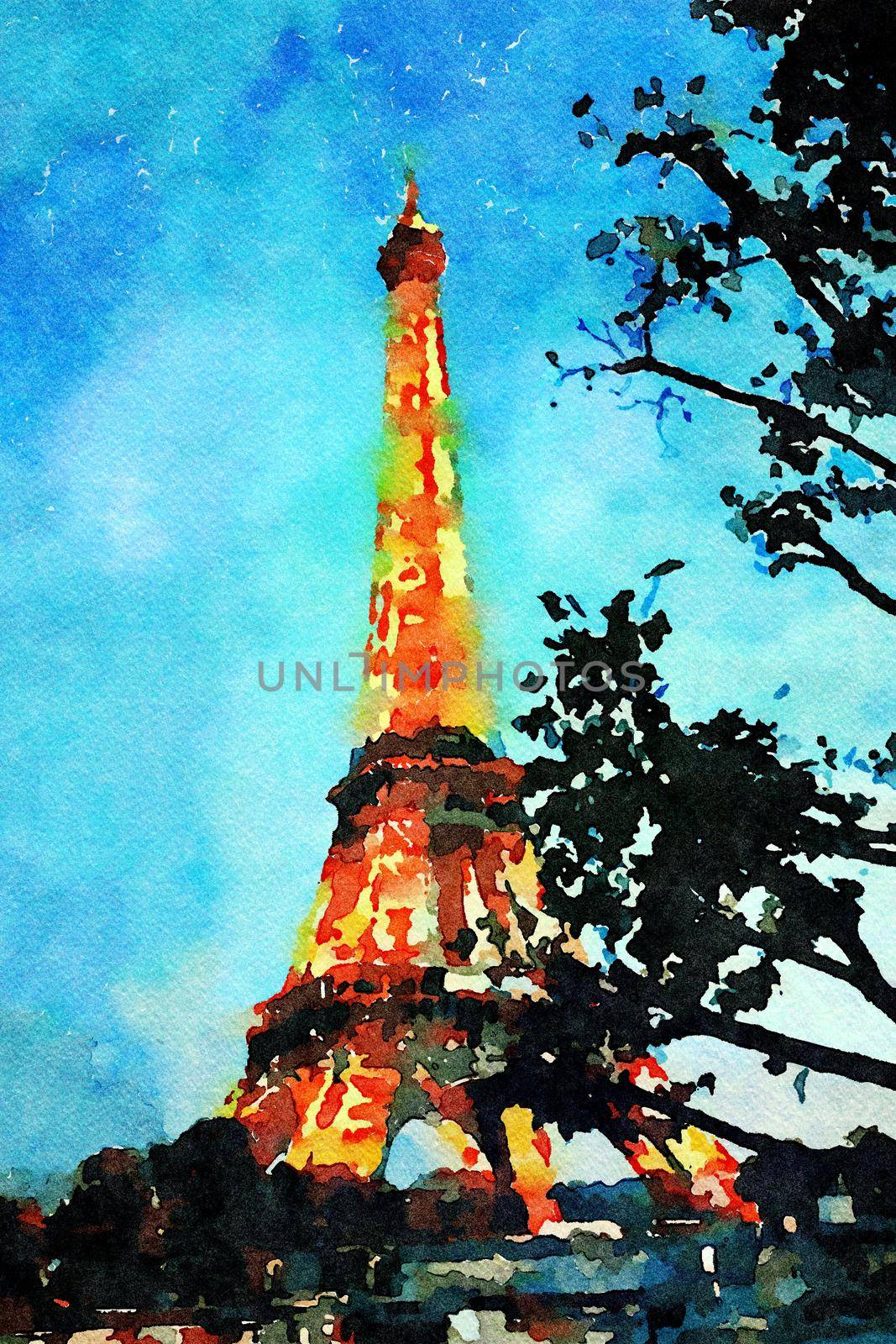 watercolor representing the view of the Eiffel tower in Paris on an autumn evening