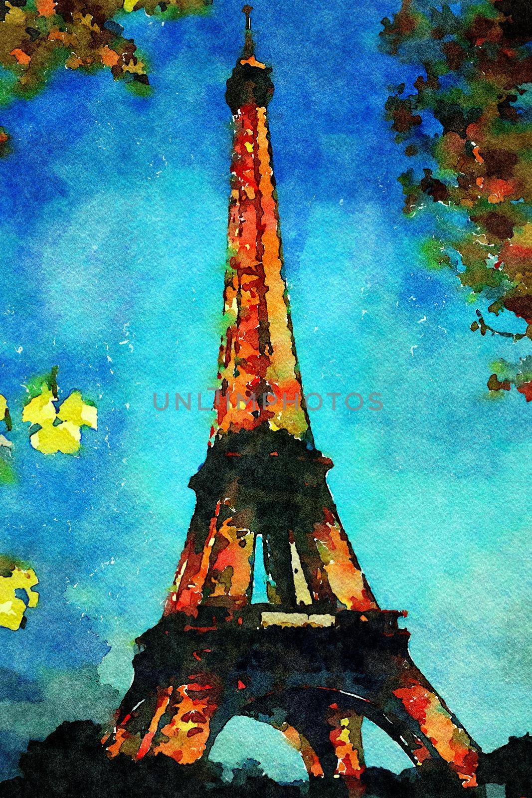 watercolor representing the view of the Eiffel tower in Paris on an autumn evening