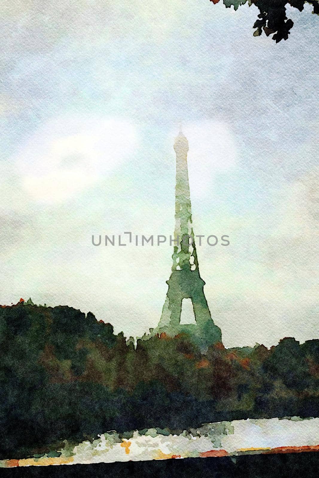 watercolor representing the view of the Eiffel tower in Paris on an autumn afternoon