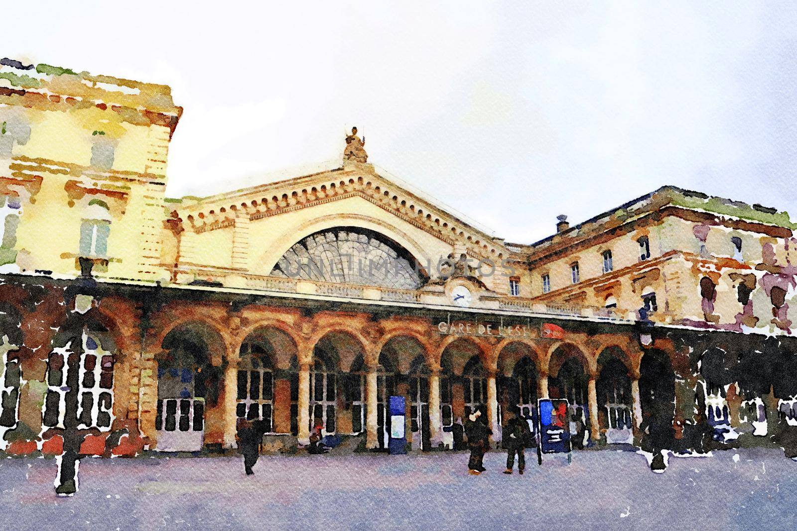 watercolor of the Gare de l'Est station in Paris on a fall day
