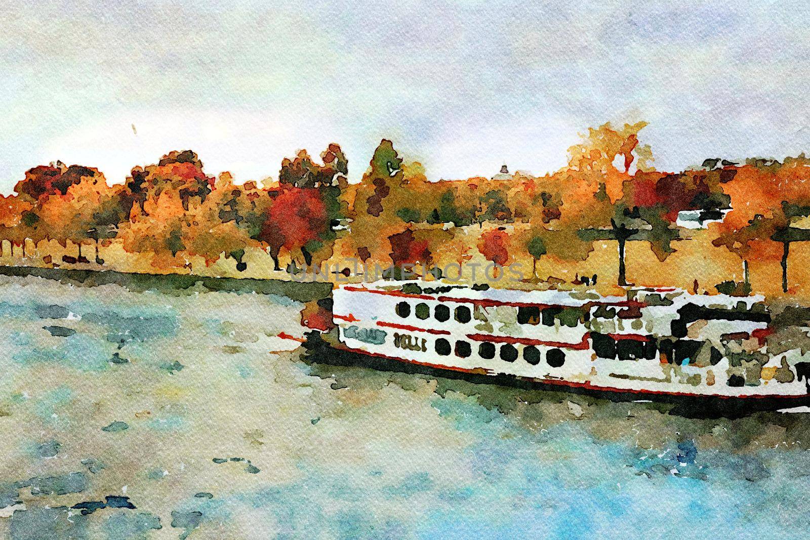 Watercolor representing a steamboat on the Seine in Paris in the autumn