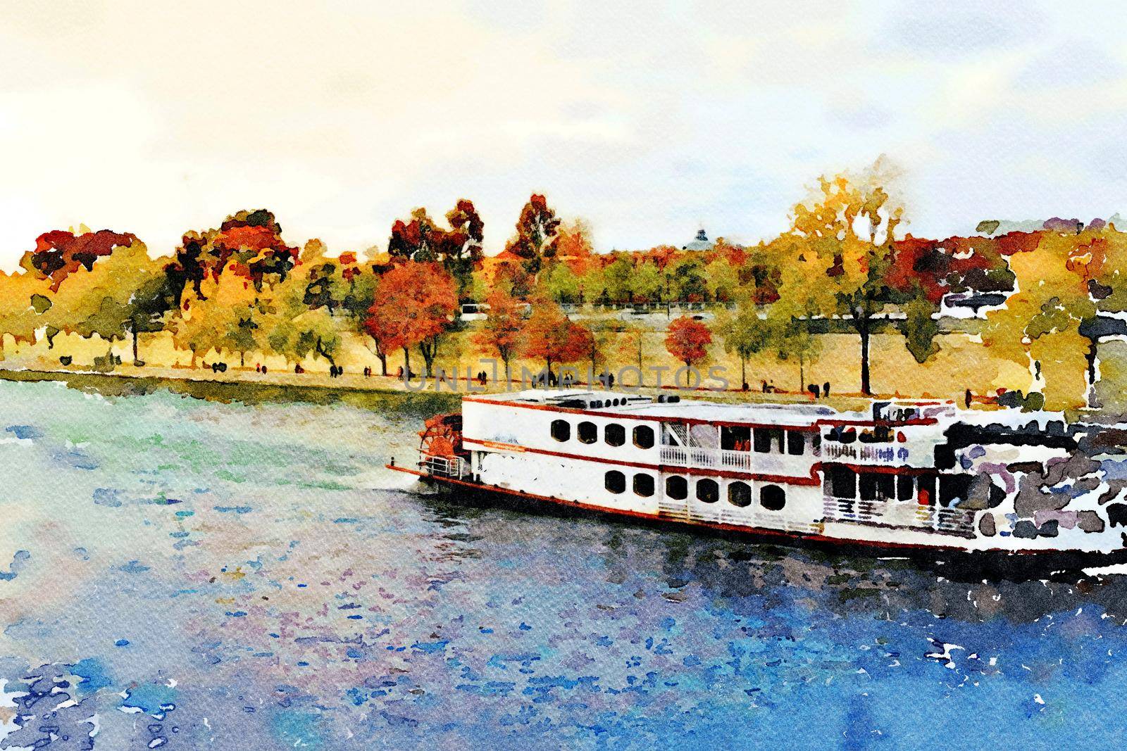 Watercolor representing a steamboat on the Seine in Paris in the autumn