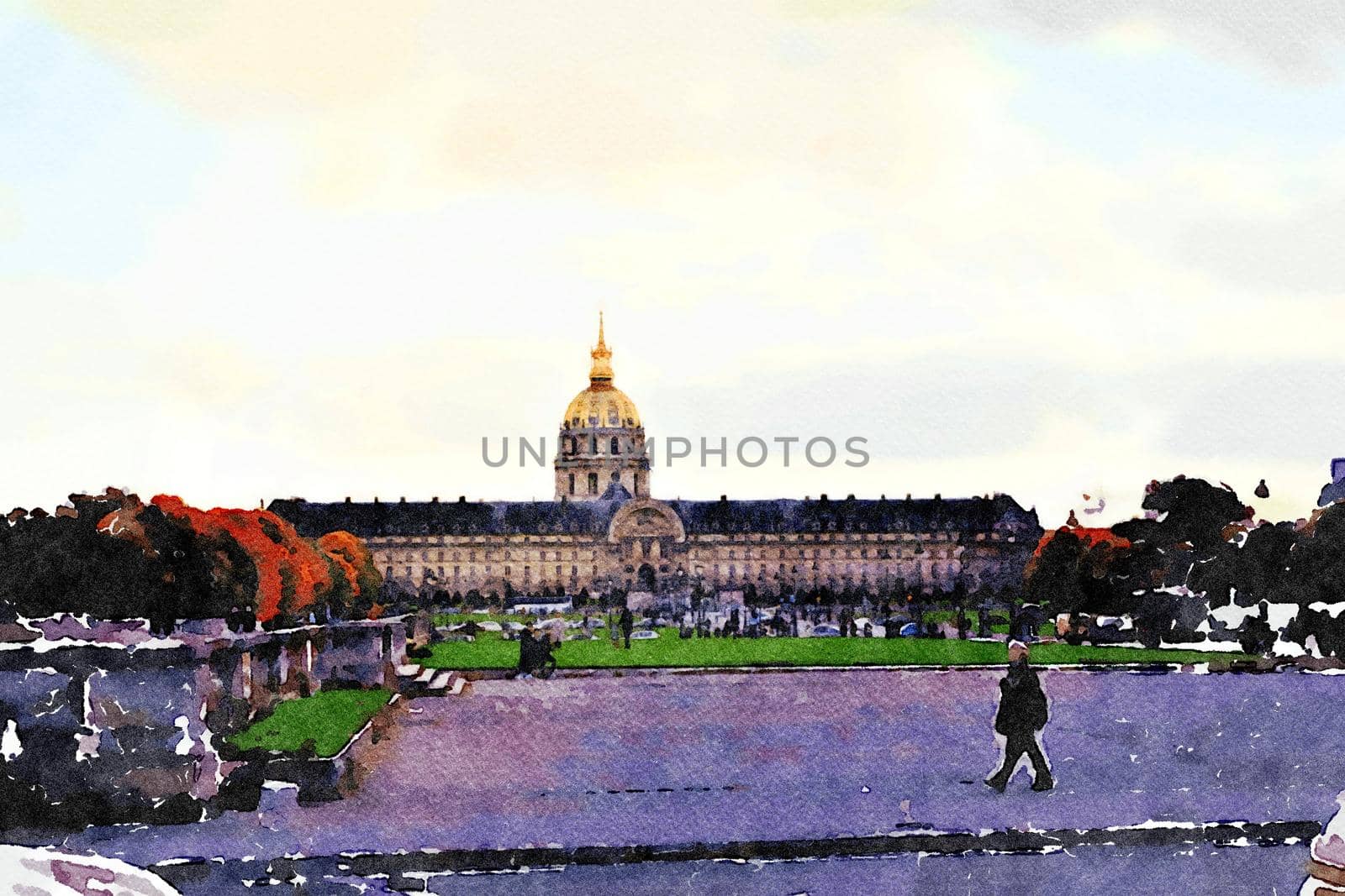 Watercolor that represents a glimpse of one of the historic buildings in the gardens of Paris in the autumn